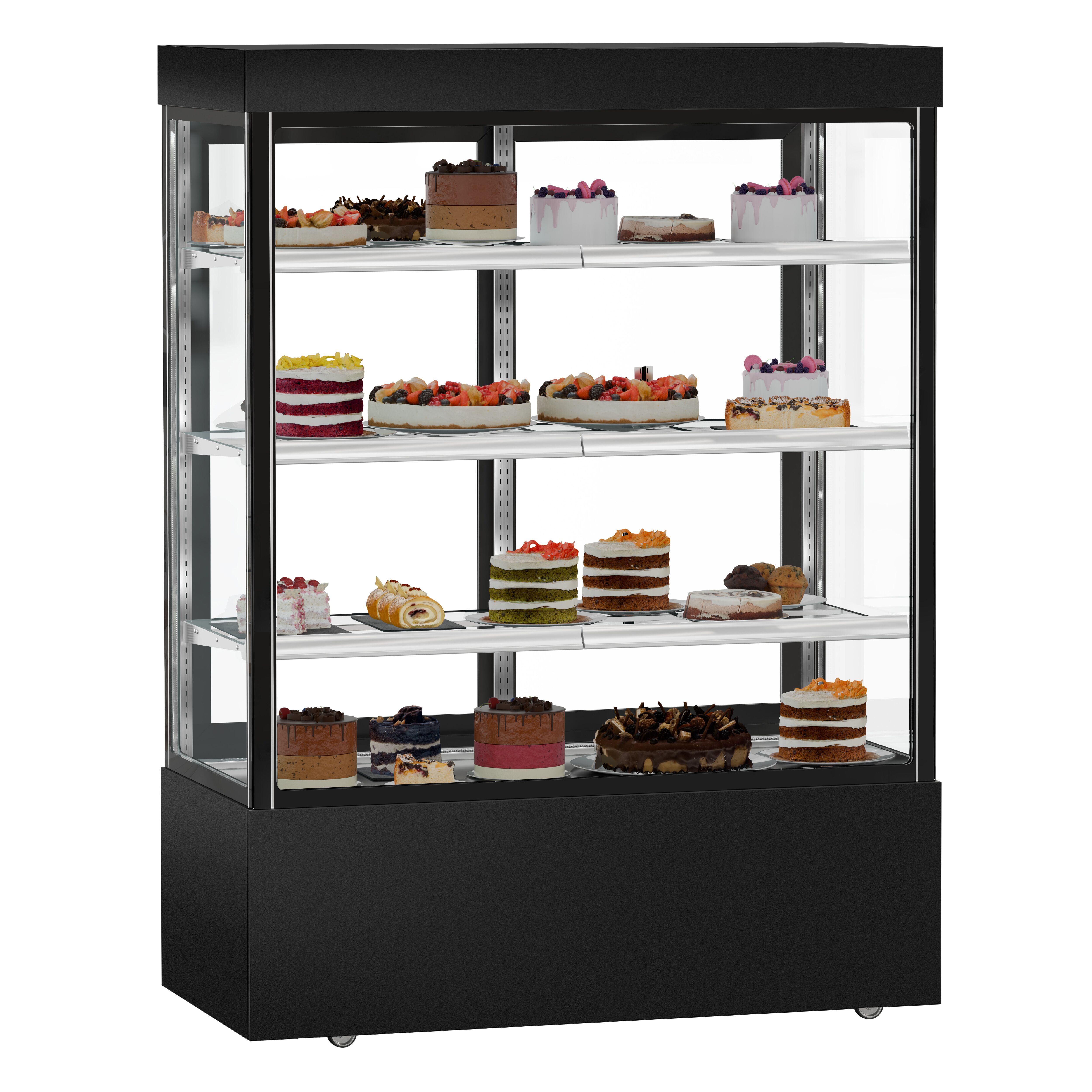 Vitrine réfrigérée 4 faces vitrées MADRID - 1010L - 1500mm - Double vitrage - avec 3 étagères en verre - portes coulissantes vitrées arrière - Noir mat