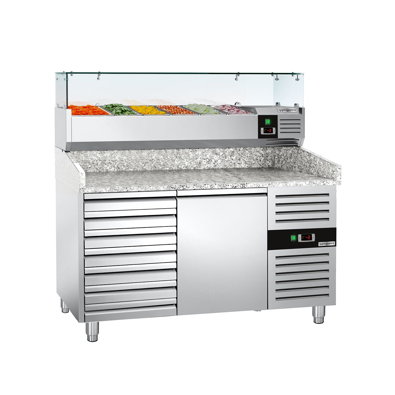 Table réfrigérée à pizza ECO - 1500 x 800 mm - avec 1 porte et 7 tiroirs - incl. vitrine réfrigérée - 6 x GN 1/3