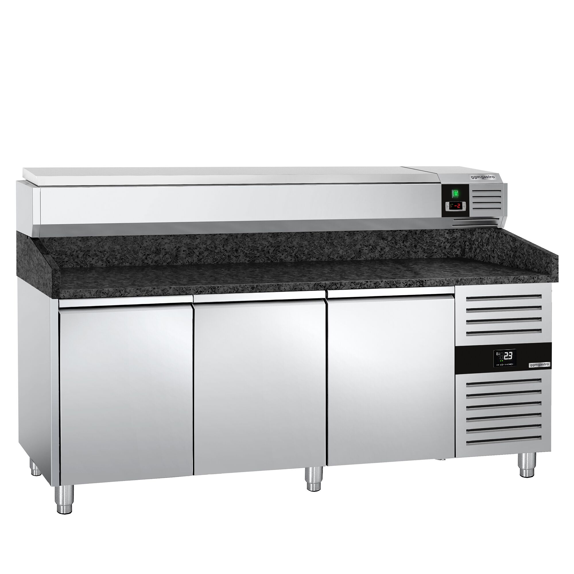 Table réfrigérée à pizza PREMIUM - 2000x800 mm - avec 3 portes - incl. vitrine réfrigérée - 10x GN 1/4