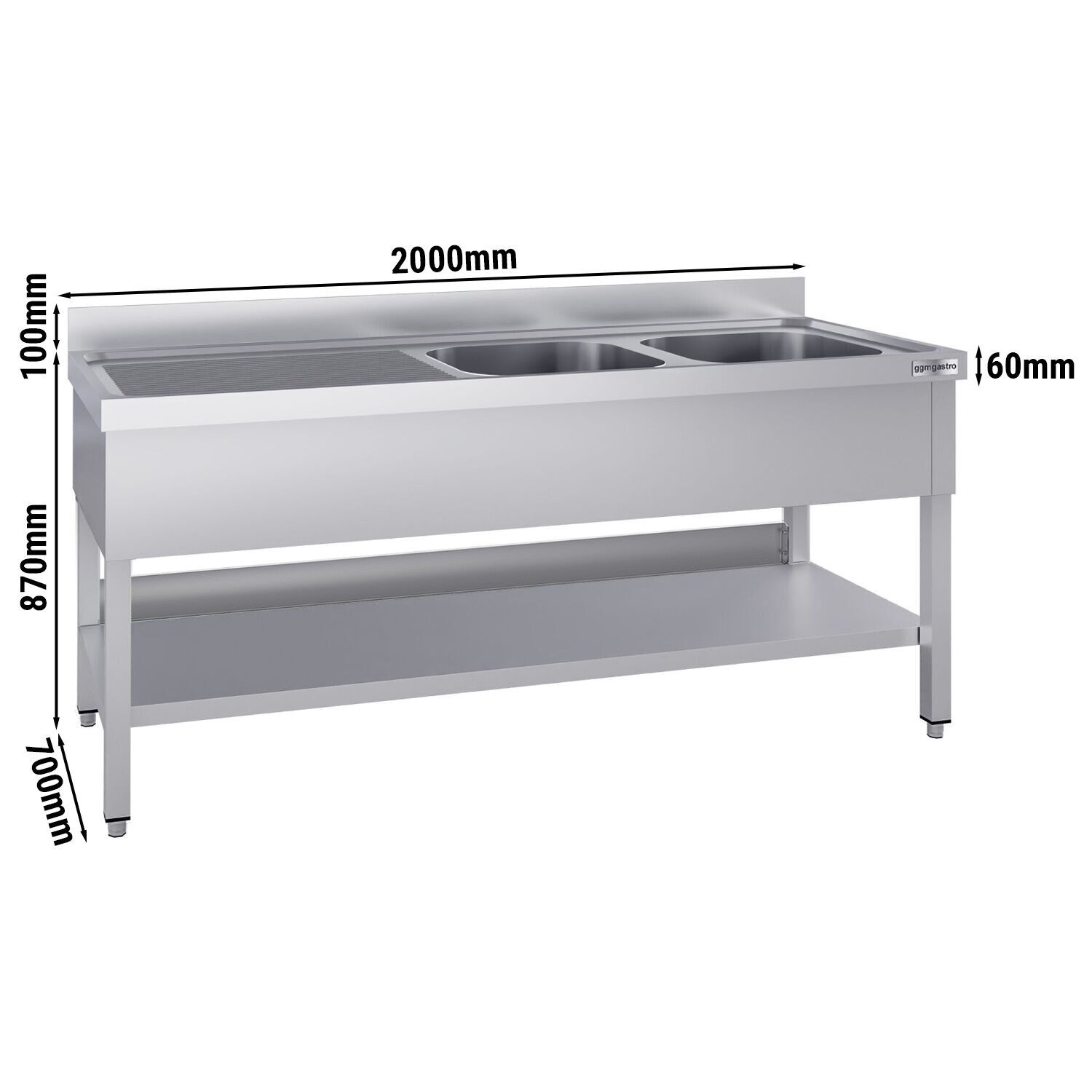 Plonge en inox ECO - 2000x700mm - avec étagère basse - 2 bacs à droite