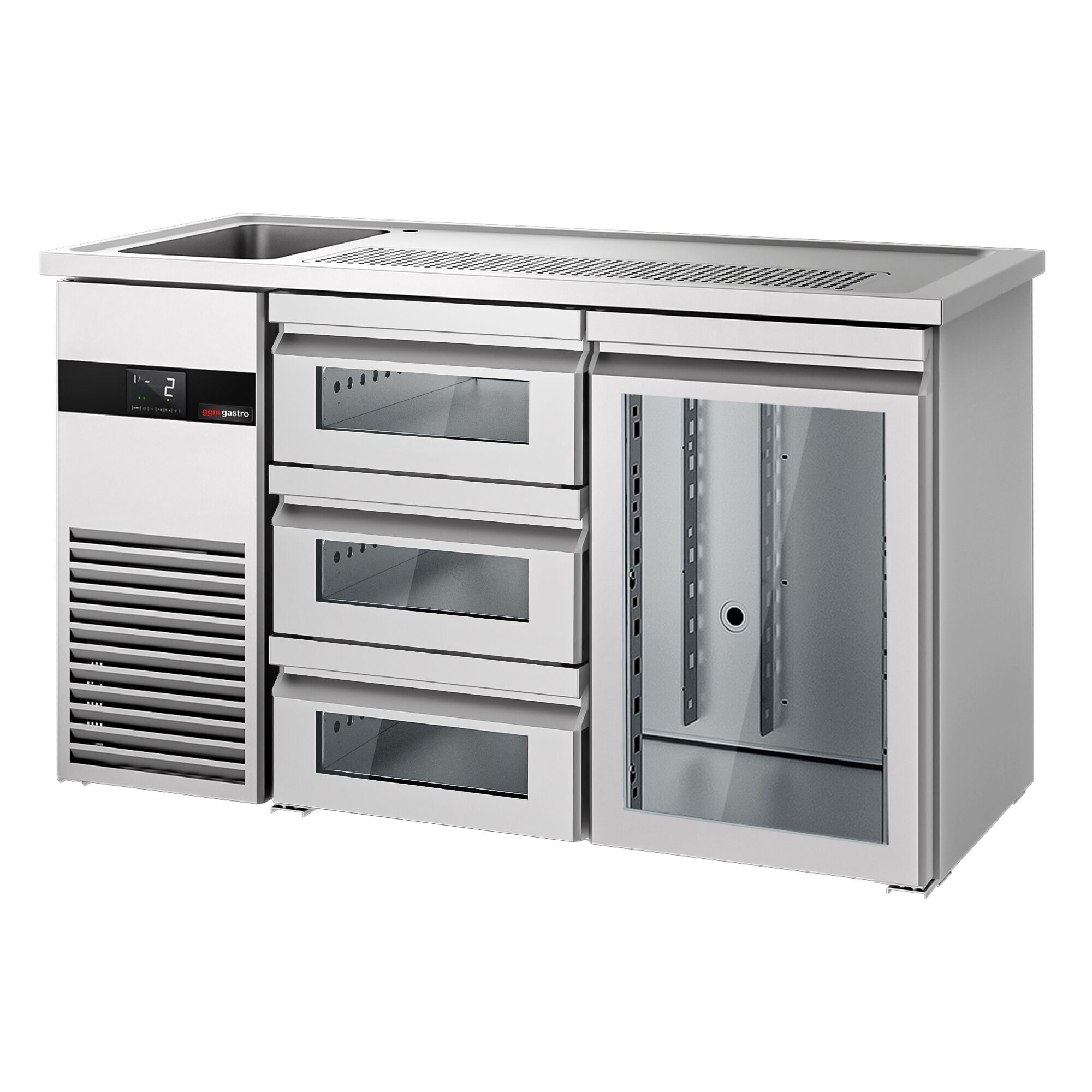 Comptoir de bar réfrigéré PREMIUM - 1550x700mm - 1 porte vitrée & 3 tiroirs en verre