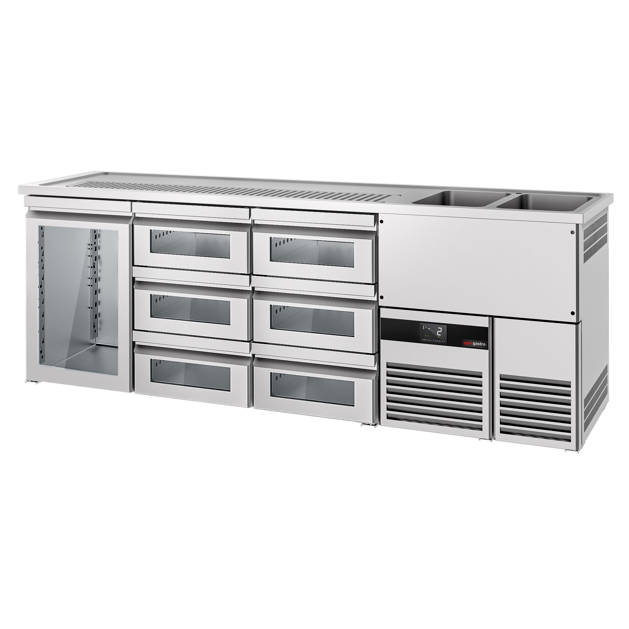 Comptoir de bar réfrigéré PREMIUM - 2500x700mm - 1 porte vitrée & 6 tiroirs en verre