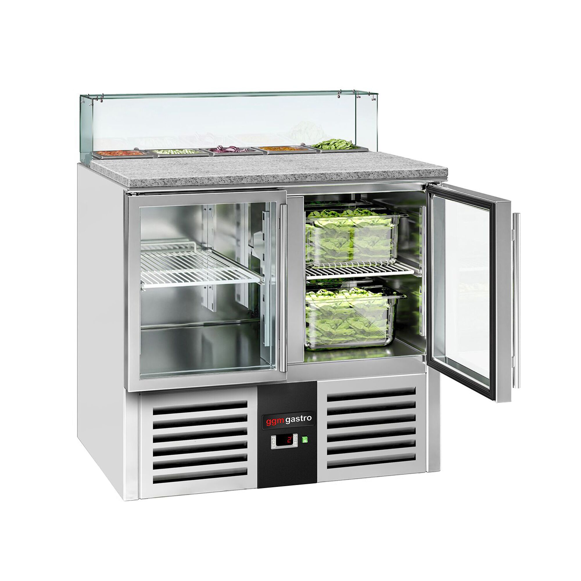 Saladette réfrigérée PREMIUM - 900mm - 240L - 2 portes vitrées - avec vitrine de comptoir pour 5x GN 1/6 - Pour FR