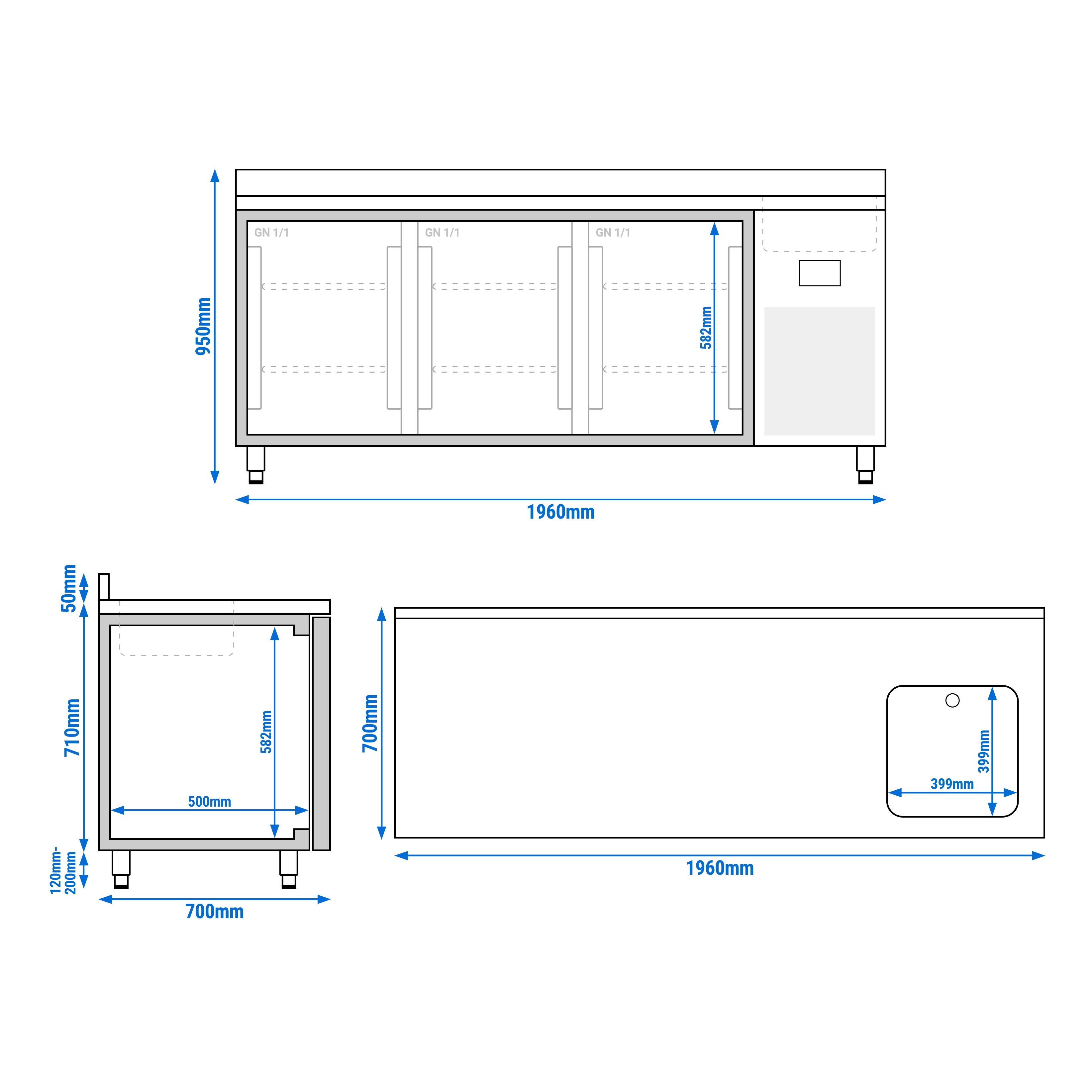 Table réfrigérée Premium PLUS - 1960x700 mm - avec 1 bac, 3 portes - avec dosseret