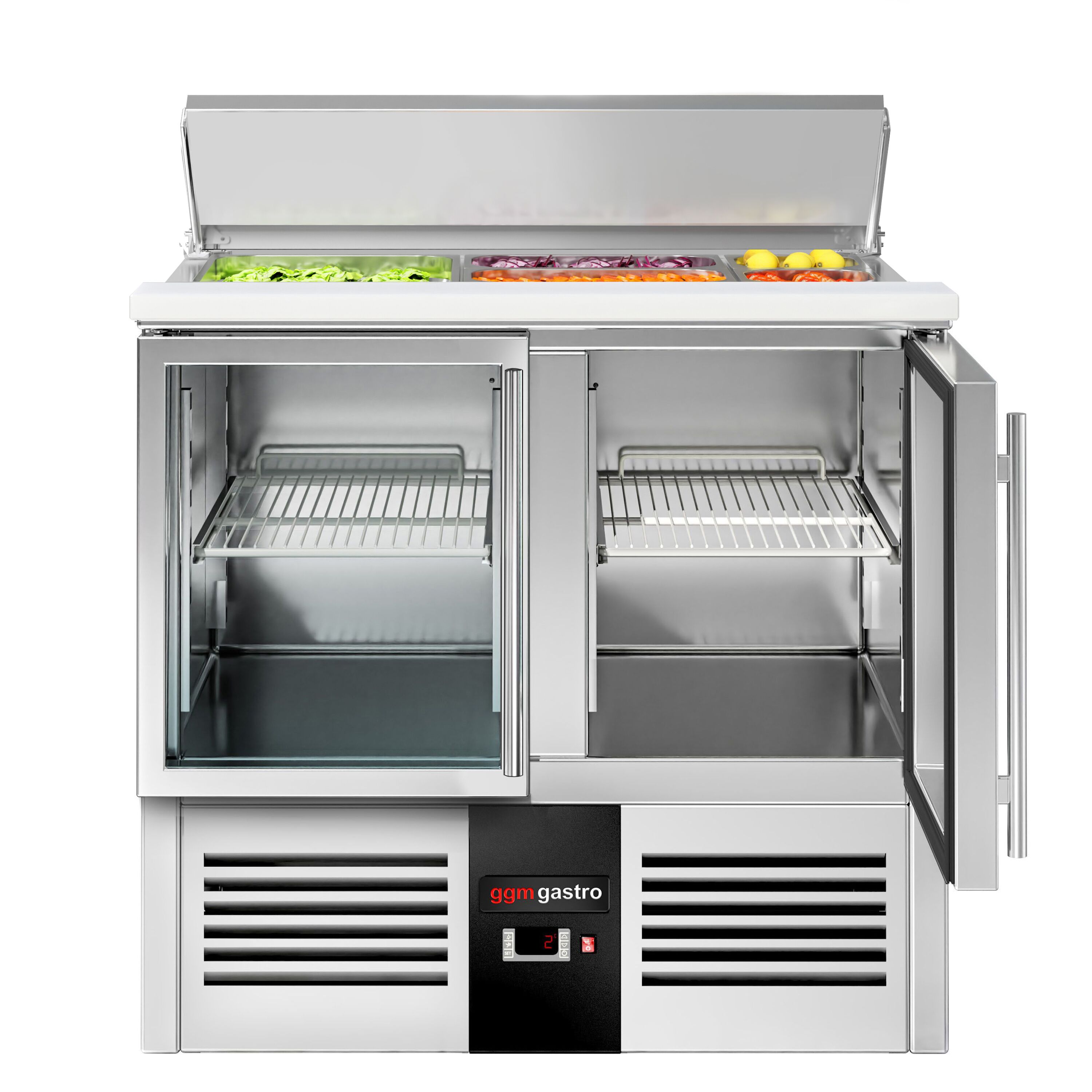 Saladette réfrigérée PREMIUM - 903mm - 240L - 2 portes vitrées - avec découpe pour 2x GN 1/1 & 3x GN 1/6 & Couvercle inox - plan de travail en granit noir
