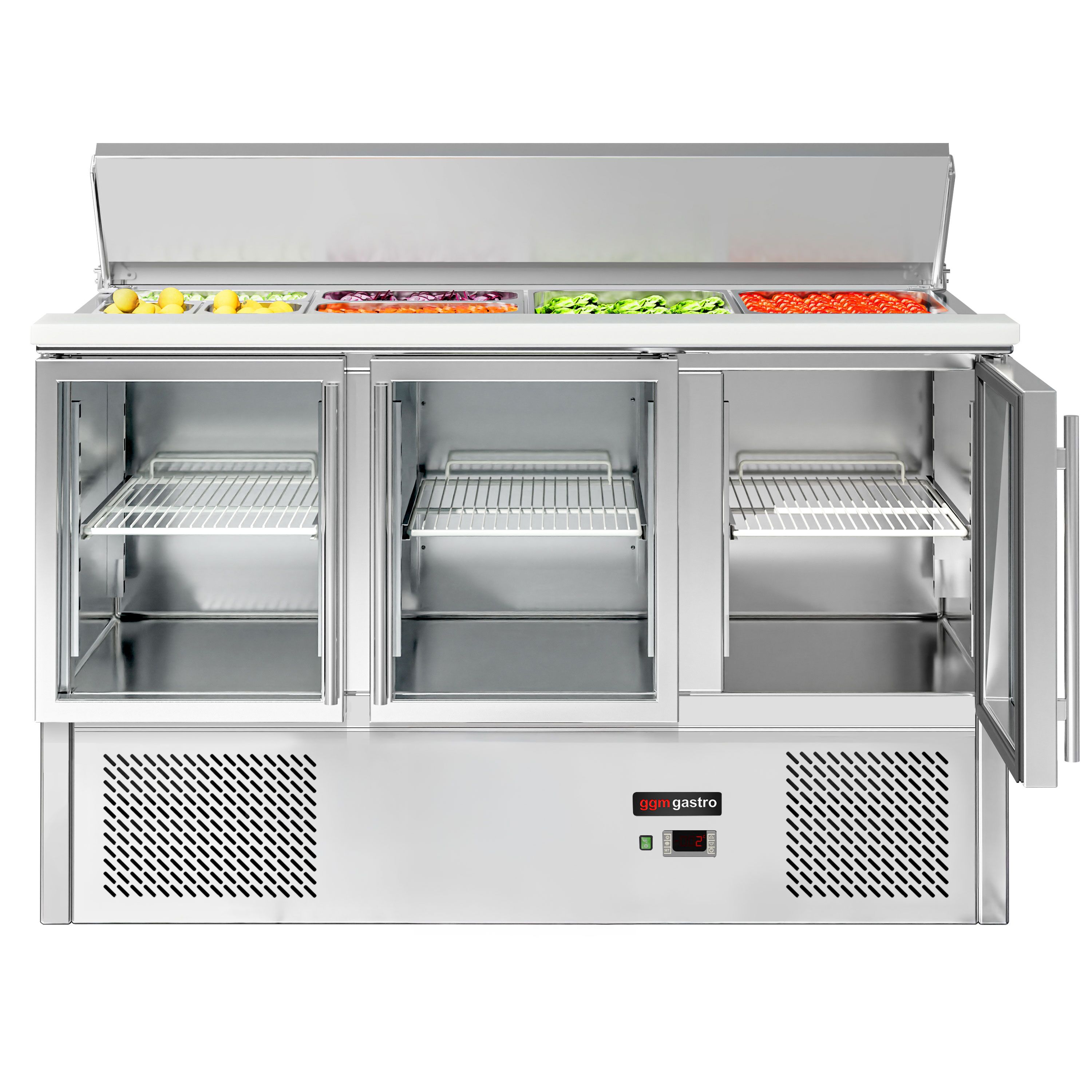 Saladette réfrigérée ECO - 1368mm - 368L - 3 portes vitrées - avec découpe pour 4x GN 1/1 & Couvercle inox
