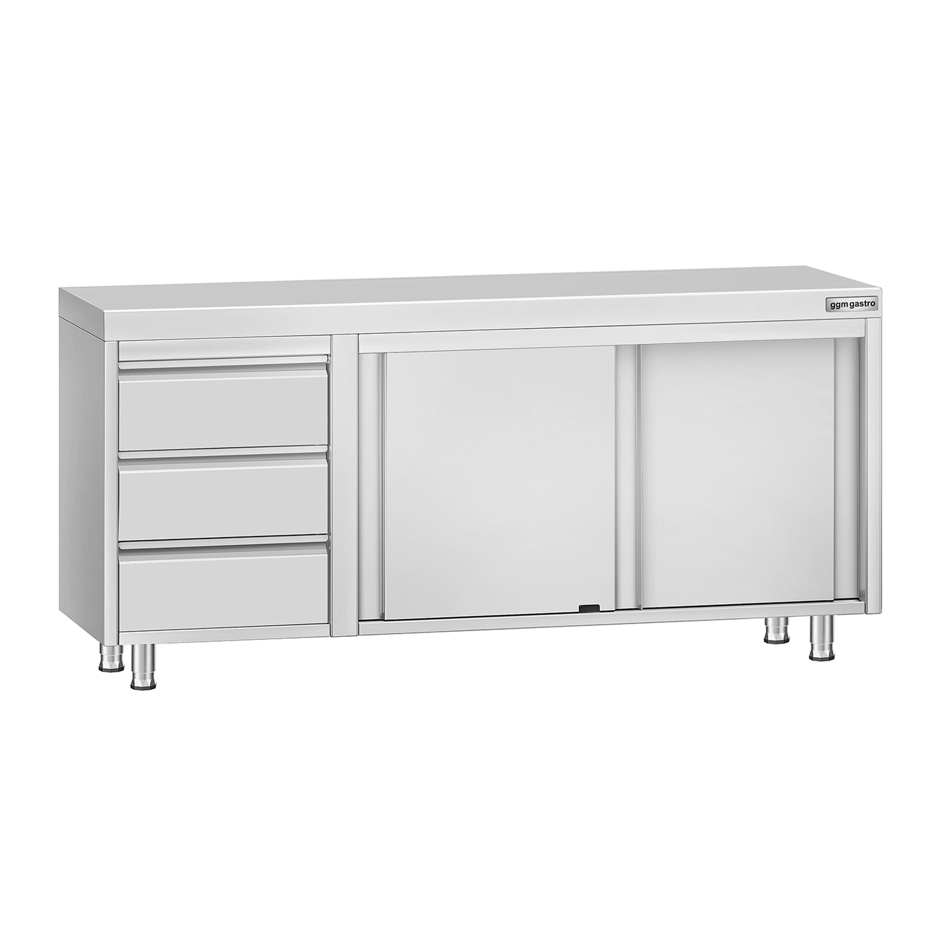 Table armoire en acier inoxydable ECO - 1800x700mm - avec 3 tiroirs à gauche et portes coulissantes