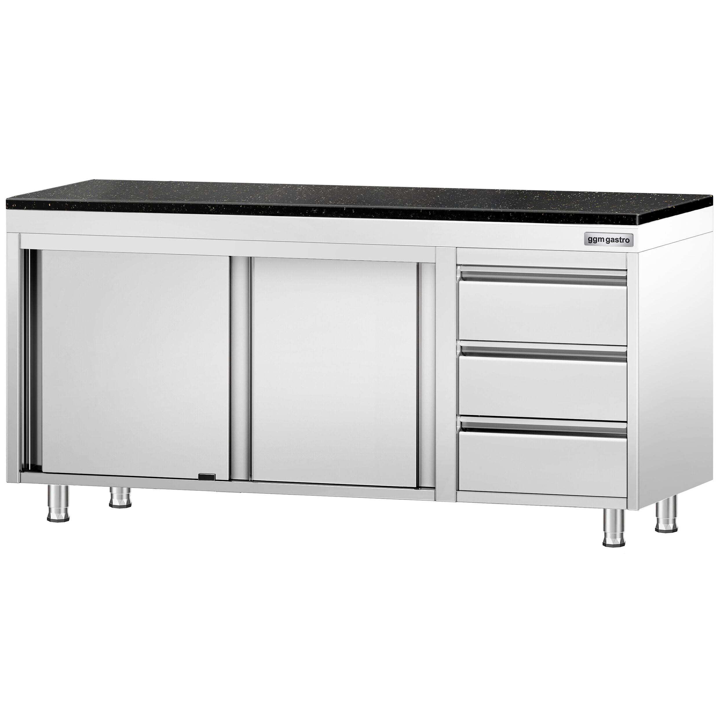 Roestvrijstalen werkkast PREMIUM - 1800 x 700 mm - met 3 lades rechts - incl. granieten werkblad