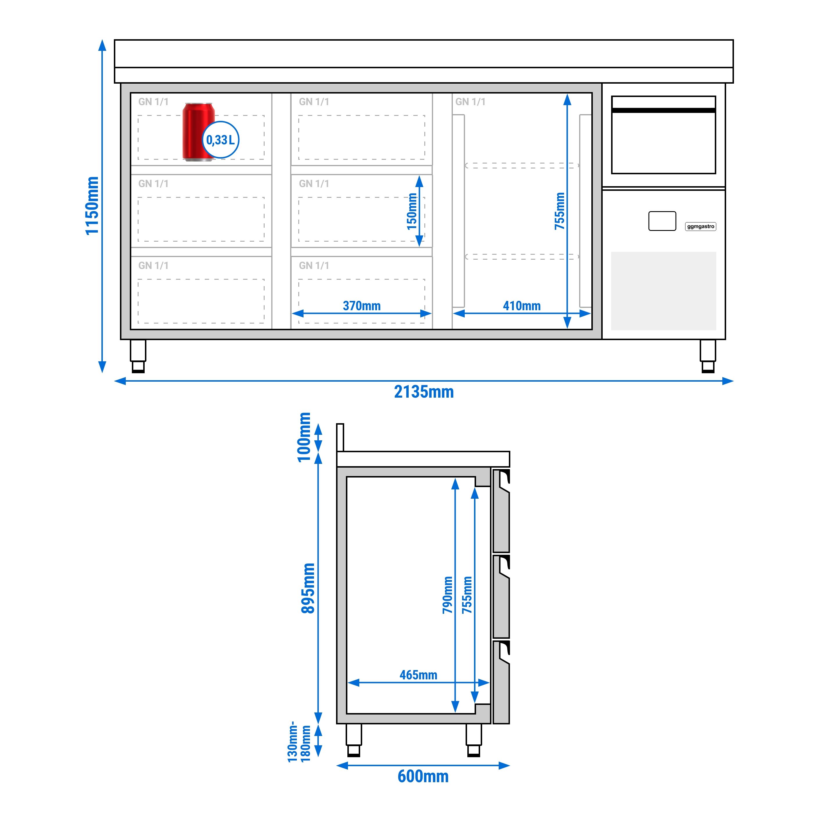 Arrière-bar réfrigéré professionnel  PREMIUM - 2130 x 600 mm - avec 1 porte et 6 tiroirs - avec dosseret - avec tiroir à marc de café