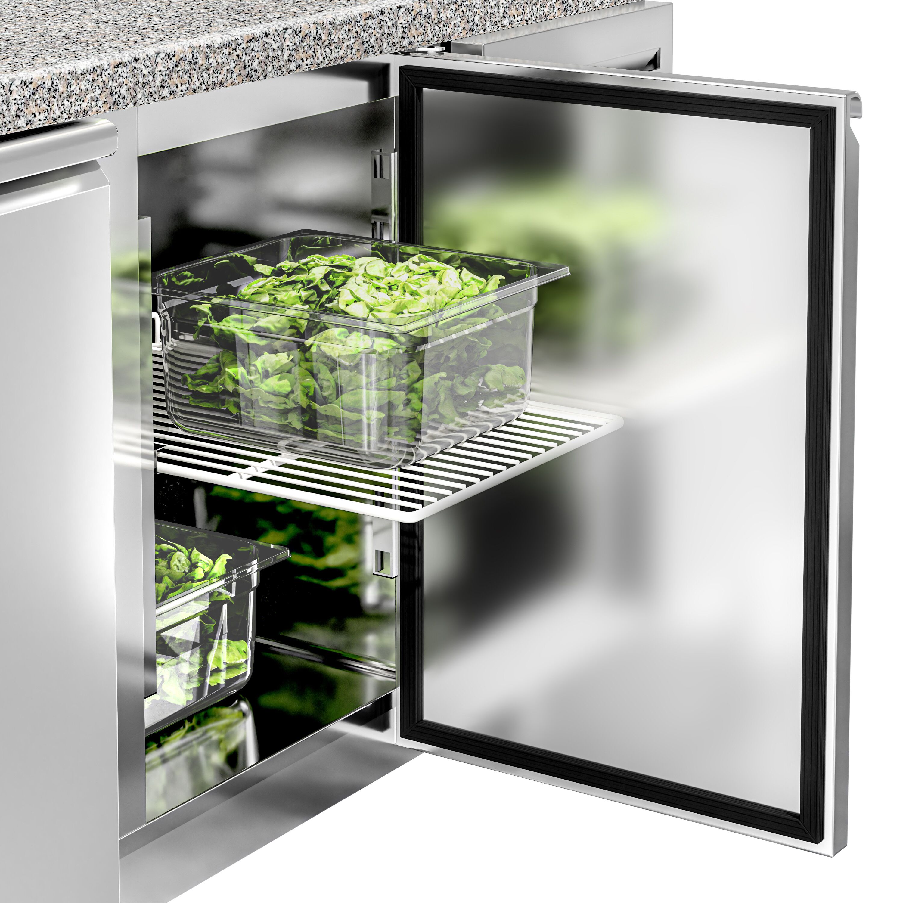 Saladette réfrigérée PREMIUM - 2020mm - 3 portes - avec vitrine de comptoir pour 10x GN 1/3 & 1 étagère - plan de travail en granit noir