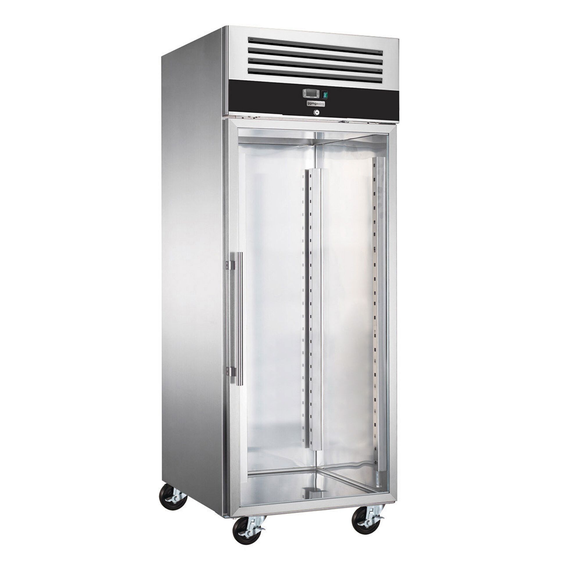 Armoire pâtissière négative vitrées Inox AISI 304 PREMIUM - EN 600x800 - 612 L - avec 1 porte vitrée & Glissières pâtisserie - Noire - Roulettes