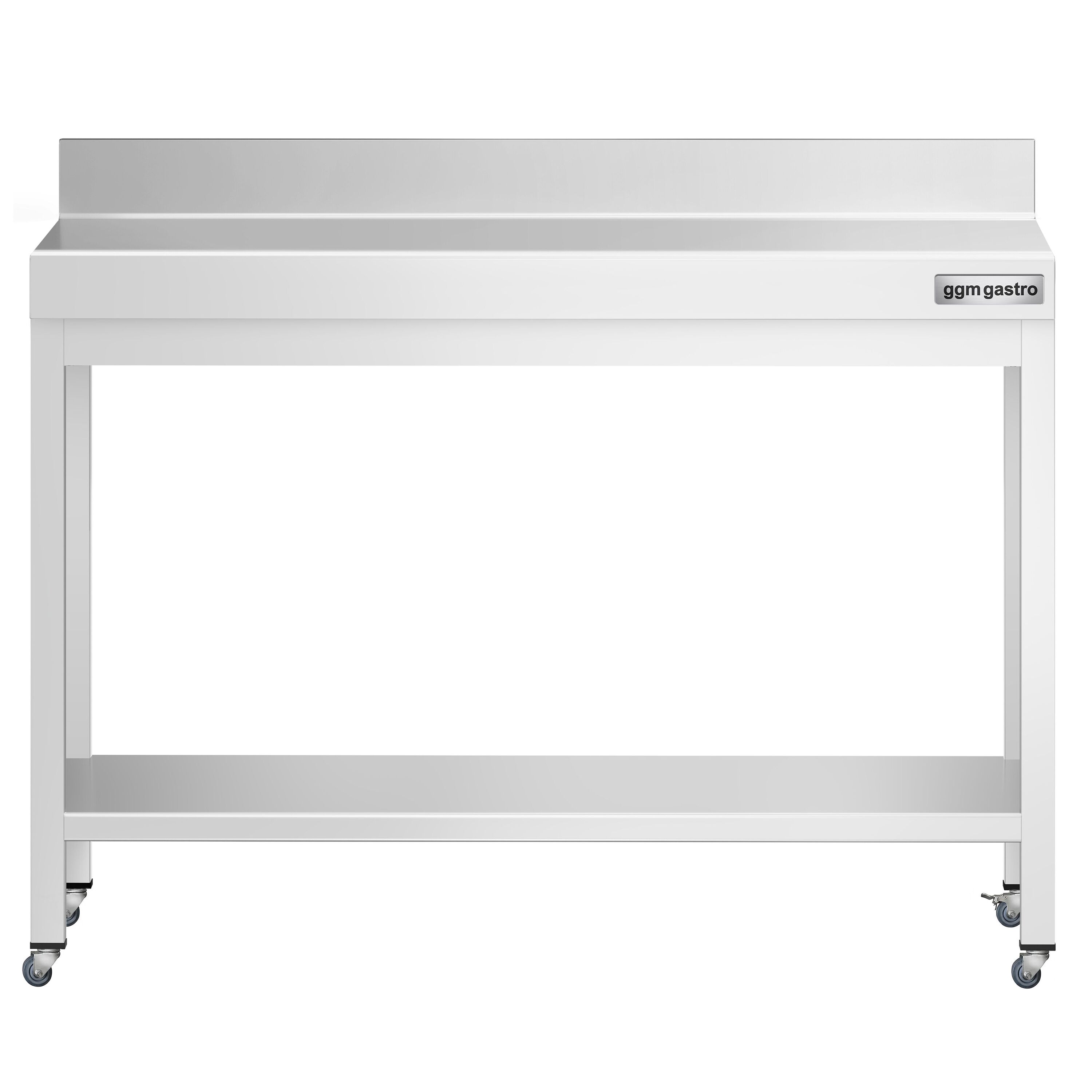 Table de travail en inox PREMIUM - 1000 x 600 mm - avec tablette inférieure, dosseret et roulettes