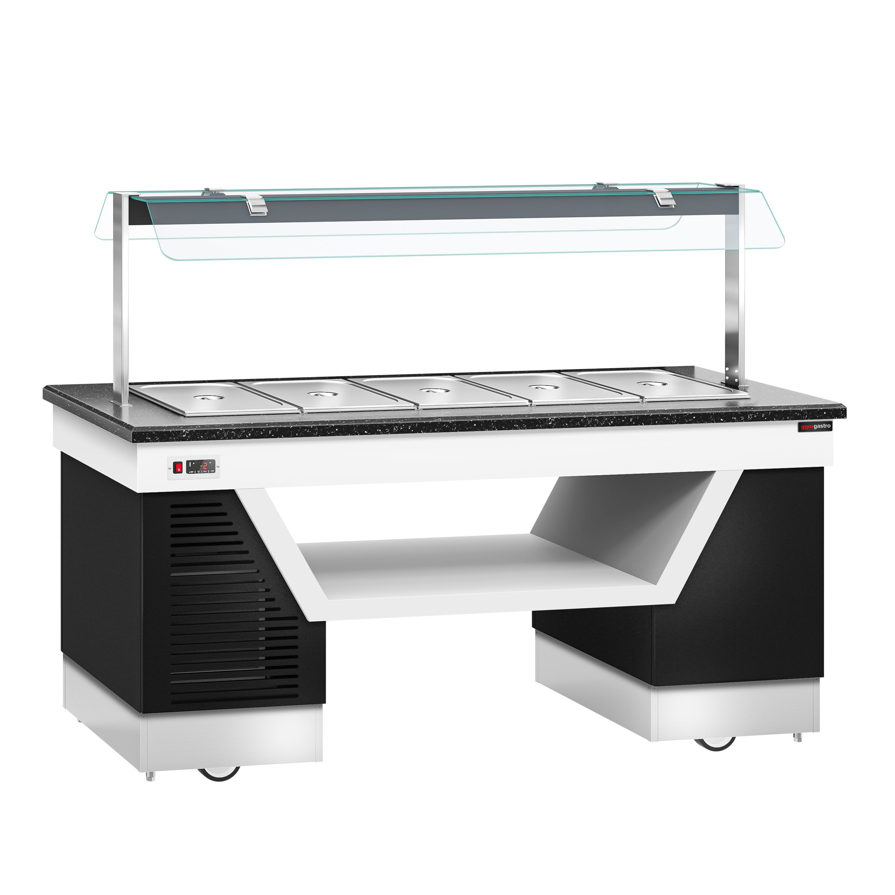 Refrigerated Buffet Display BELFAST - 2000mm - with Refrigerated Well + Flat Glass Sneeze Guard - on Castors - for 5x GN 1/1 - Black