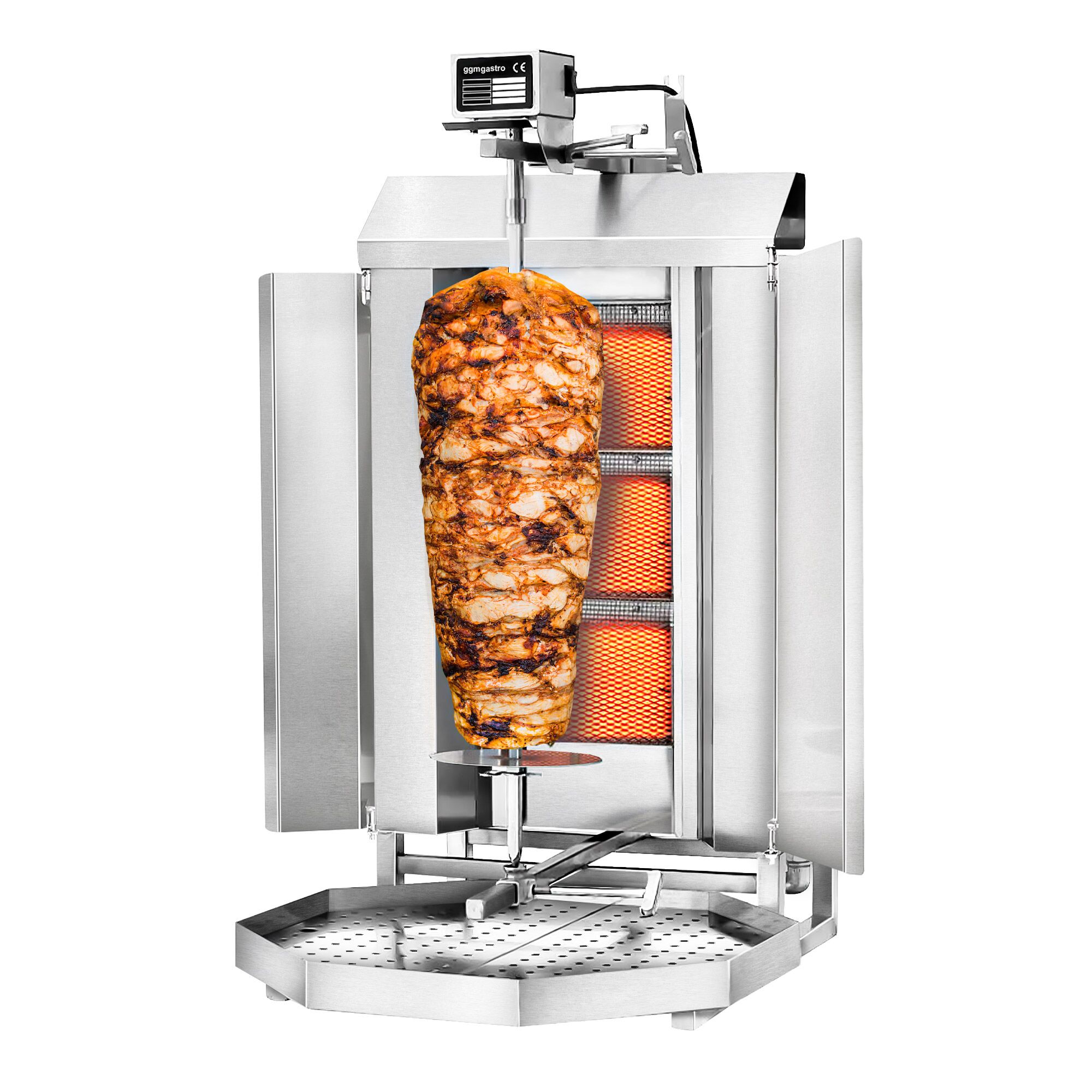 Machine à Kebab / Gril vertical à gaz - 3 brûleurs - pour 40kg de viande - 9.75kW - livré avec 2 pare-graisses, 2 volets, 1 broche, bac à graisse, injecteurs gaz naturel et propane