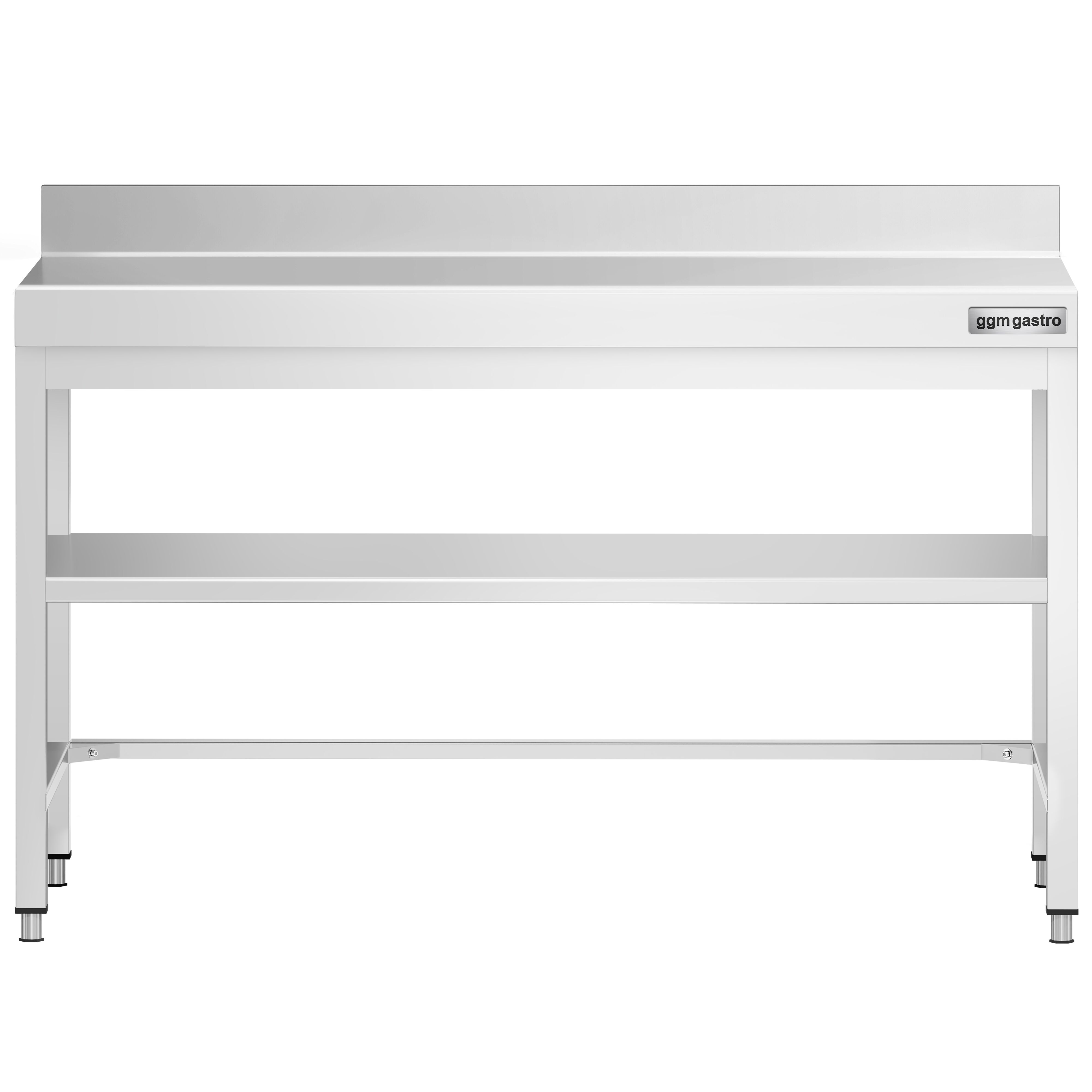 Table de travail en inox PREMIUM – 1400x600 mm – avec tablette inférieure, dosseret et renforts