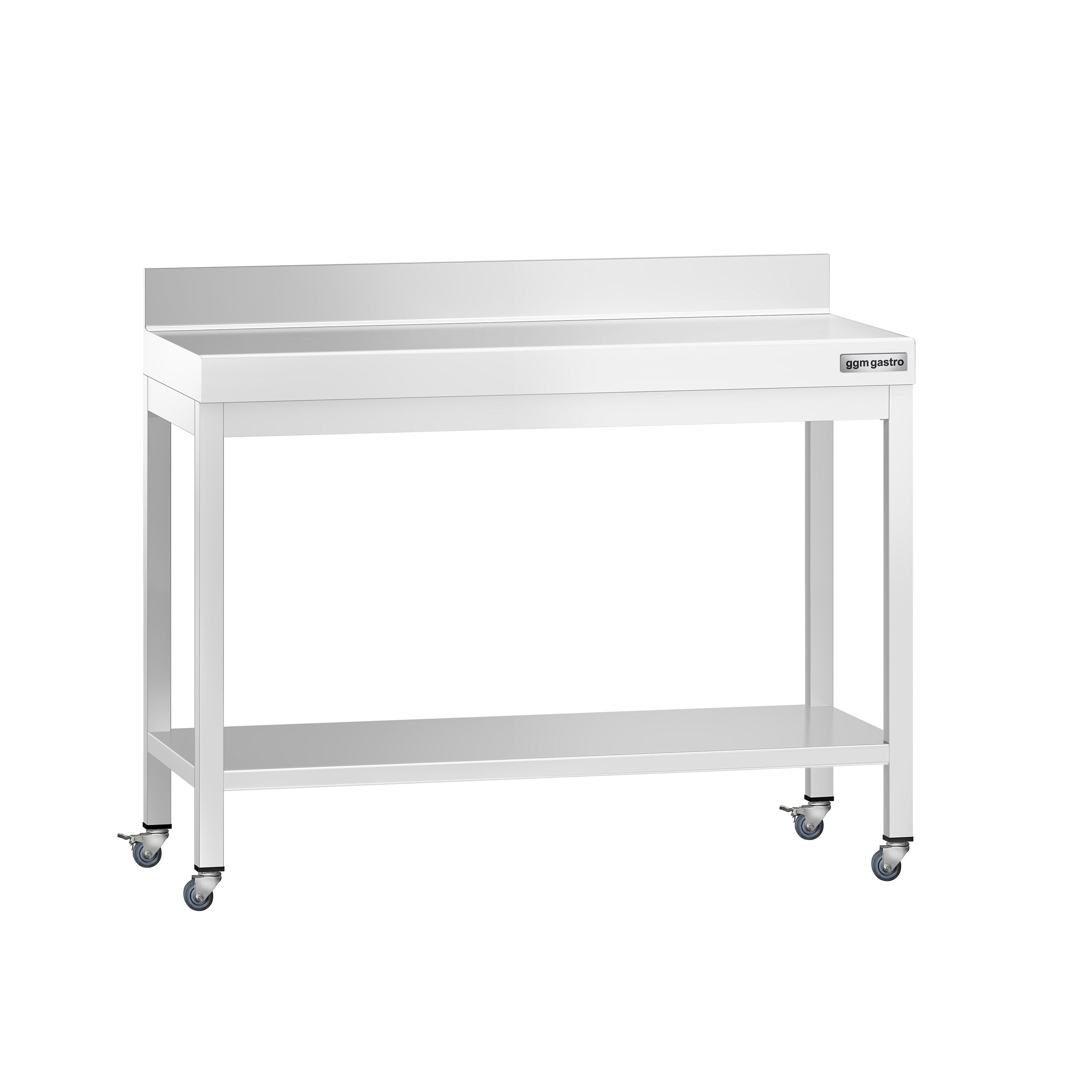 Table de travail en inox PREMIUM - 1000 x 600 mm - avec tablette inférieure, dosseret et roulettes