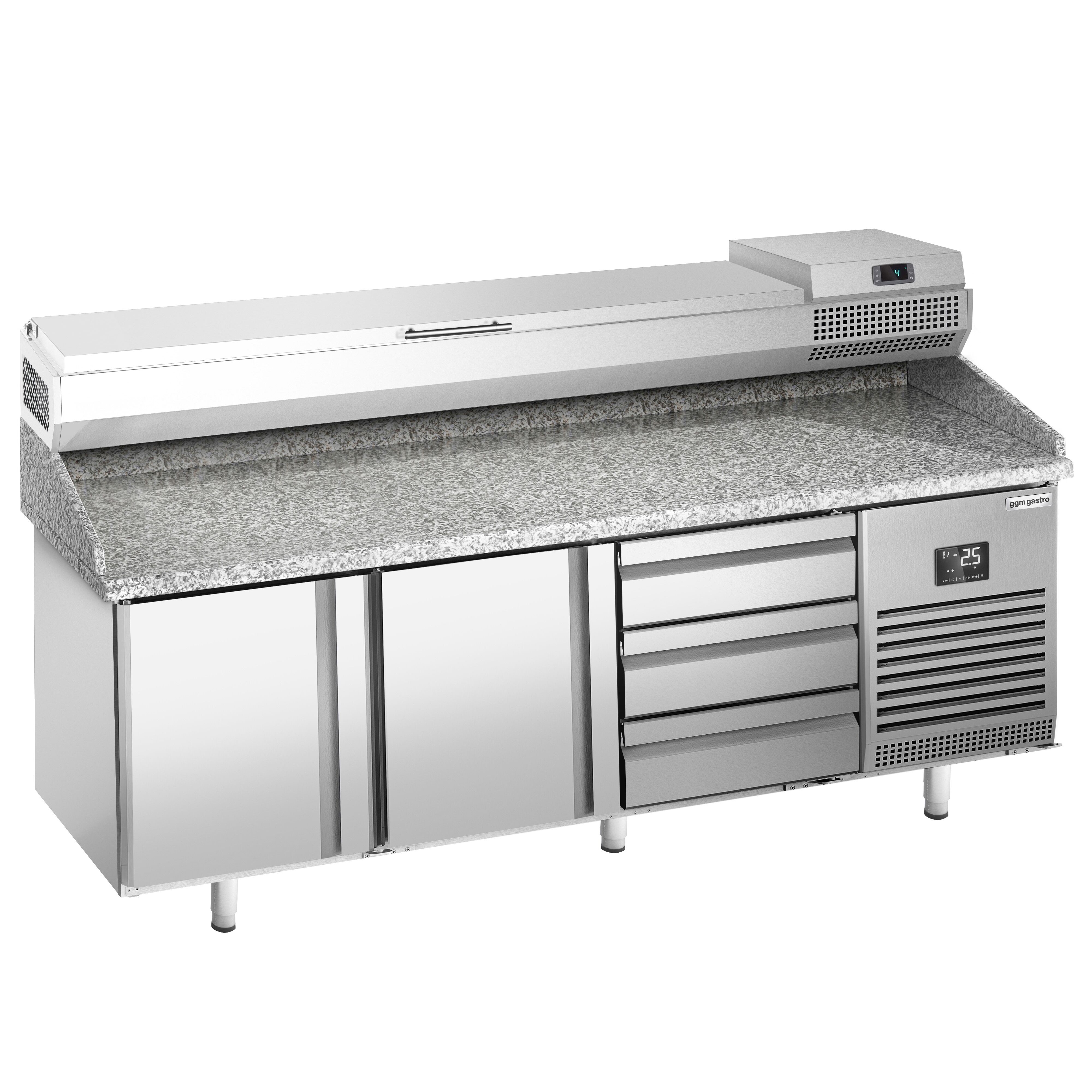 Table réfrigérée à pizza Premium PLUS - 1980x700 mm - avec 2 portes & 3 tiroirs - incl. vitrine réfrigérée - 9x GN 1/4