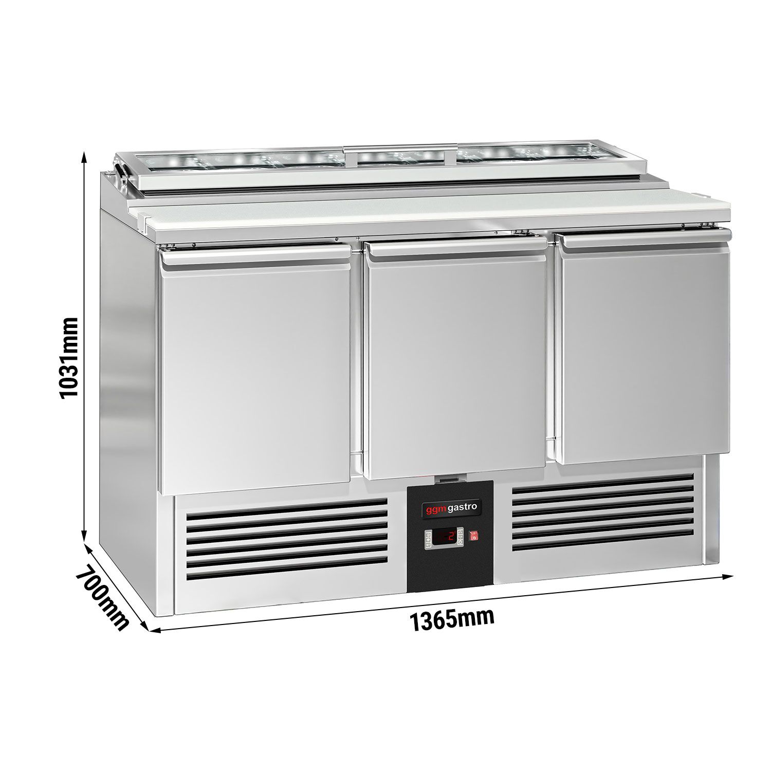 Saladette réfrigérée PREMIUM - 1365mm - 248L - 3 portes - avec découpe pour 7x GN 1/3 & Couvercle verre