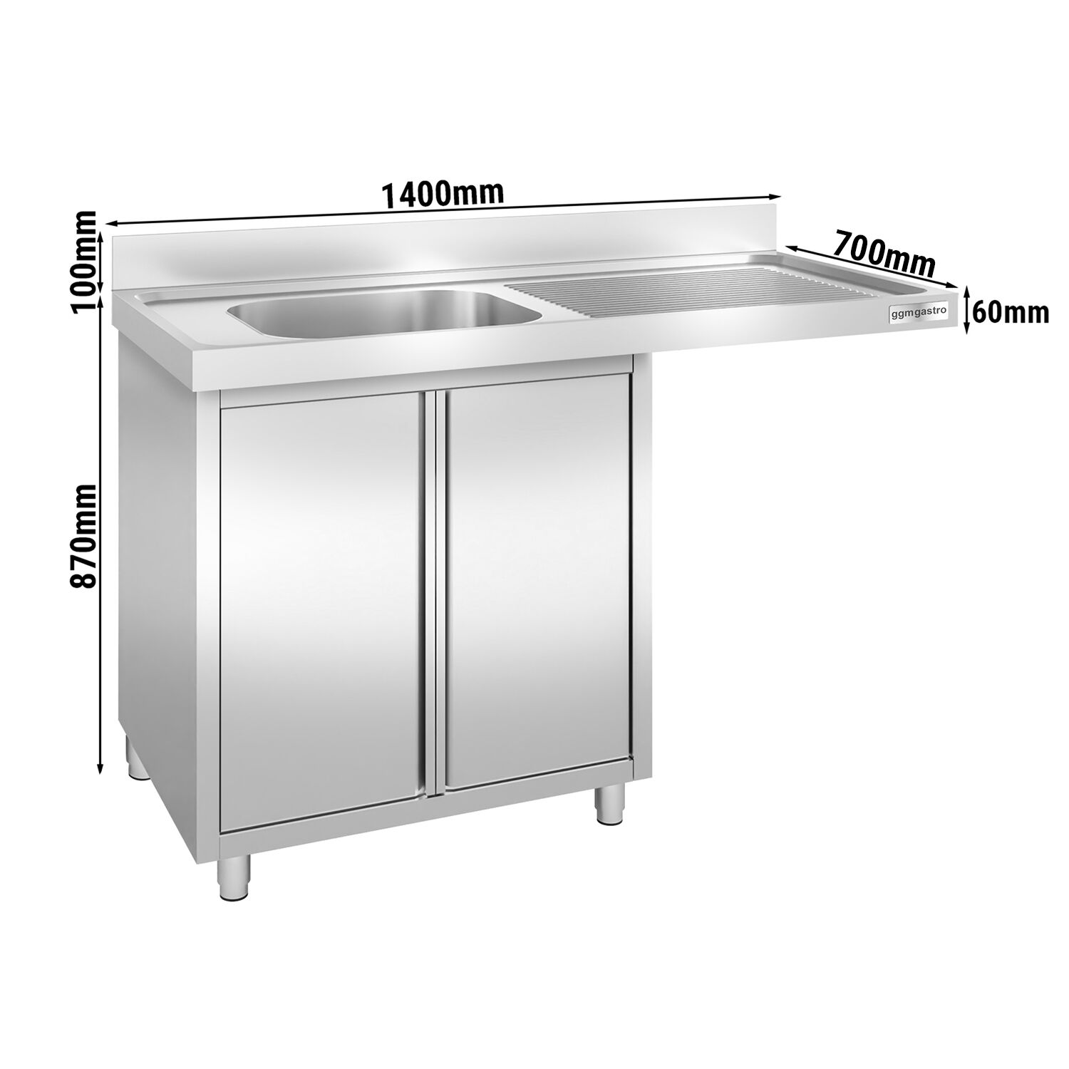 Plonge inox professionnelle PREMIUM - 1400x700mm - 1 bac à gauche - avec égouttoir à droite