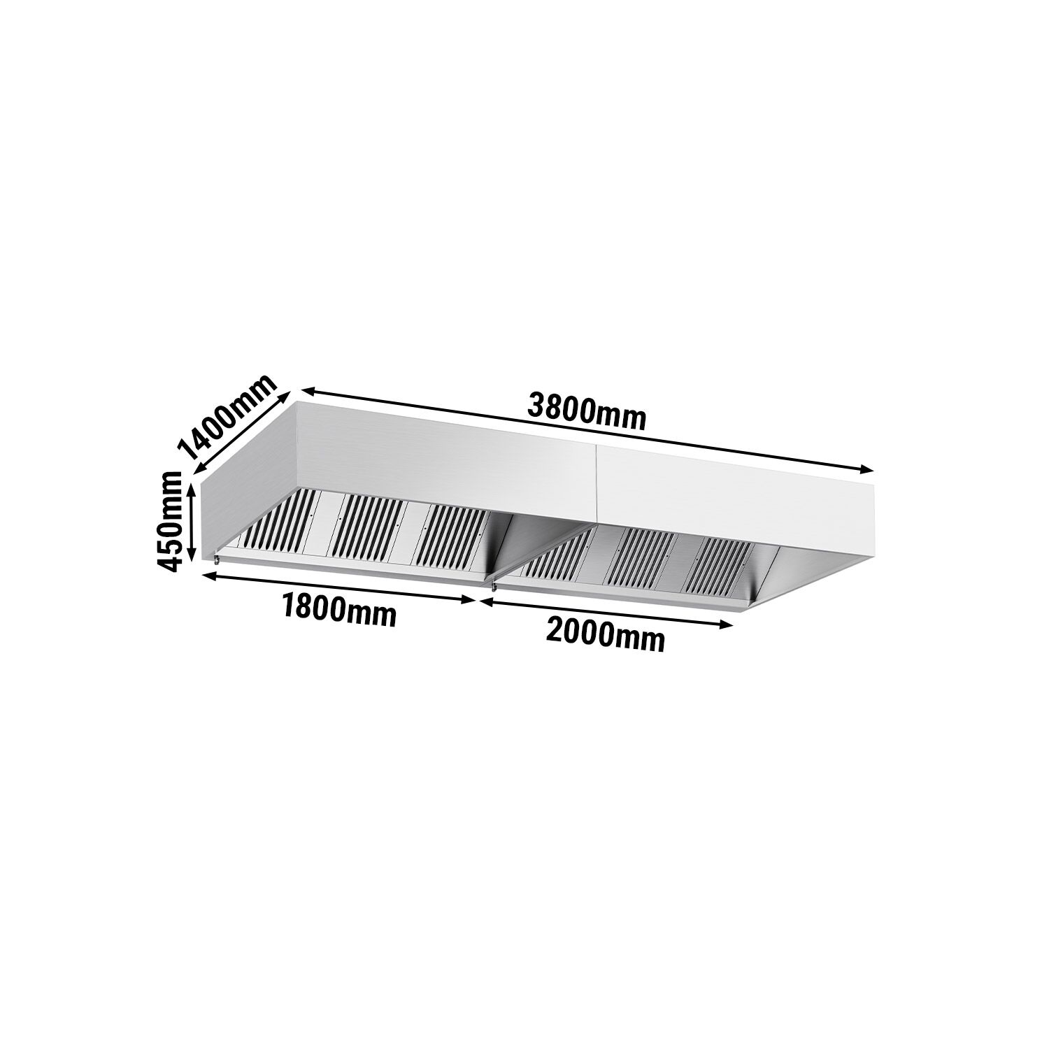 Hotte à adosser professionnelle - 3800mm - sans moteur - avec filtres et éclairage