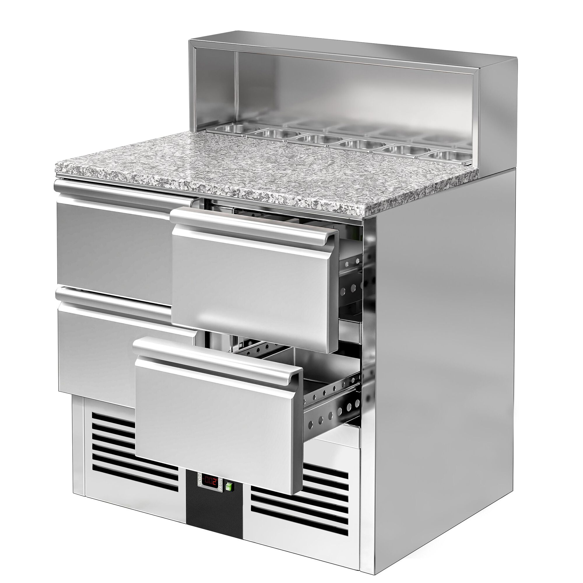 Saladette réfrigérée PREMIUM - 903mm - 240L - 4 tiroirs - pour 5x GN 1/6 - plan de travail en granit noir