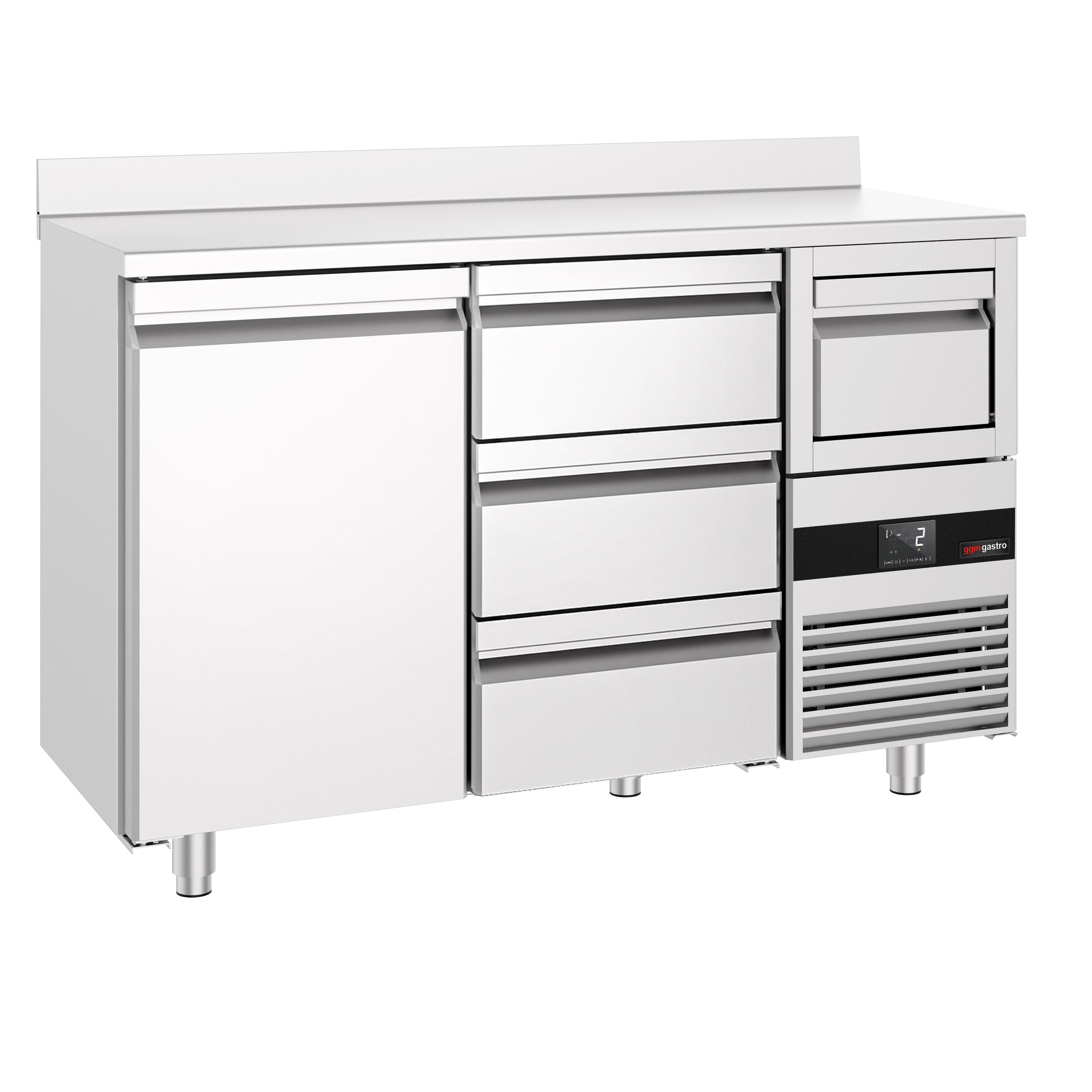 Arrière-bar réfrigéré professionnel  PREMIUM - 1580 x 600 mm - avec 1 porte et 3 tiroirs - avec dosseret - avec tiroir à marc de café