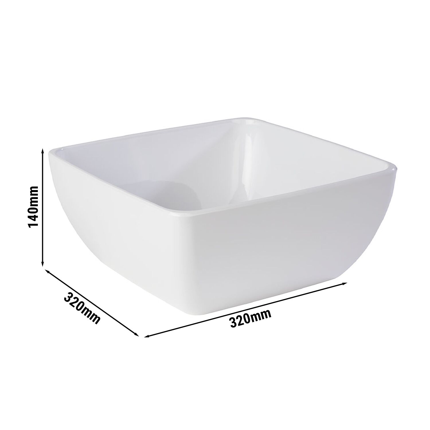 (6 buc) Bol | PURE - Melamină - 8 litri - pătrat - 320x320x140 mm - stivuibil; compatibil mașină de spălat vase; nu pentru microunde; nu pentru cuptor; nu pentru contact direct cu flacără - Alb