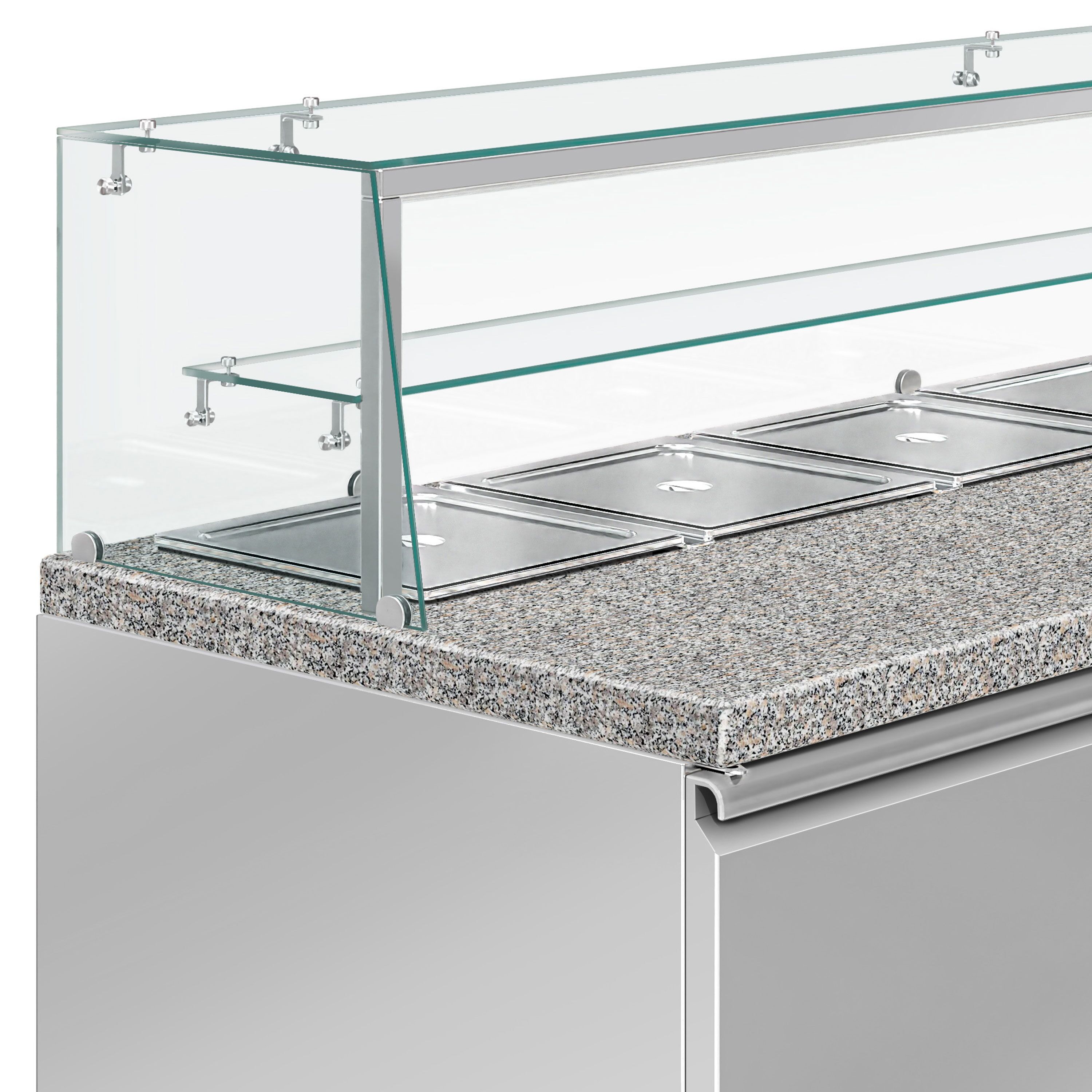 Saladette réfrigérée PREMIUM - 1515mm - 390L - 2 portes - avec vitrine de comptoir pour 4x GN 1/1 & 1 étagère - plan de travail en granit noir