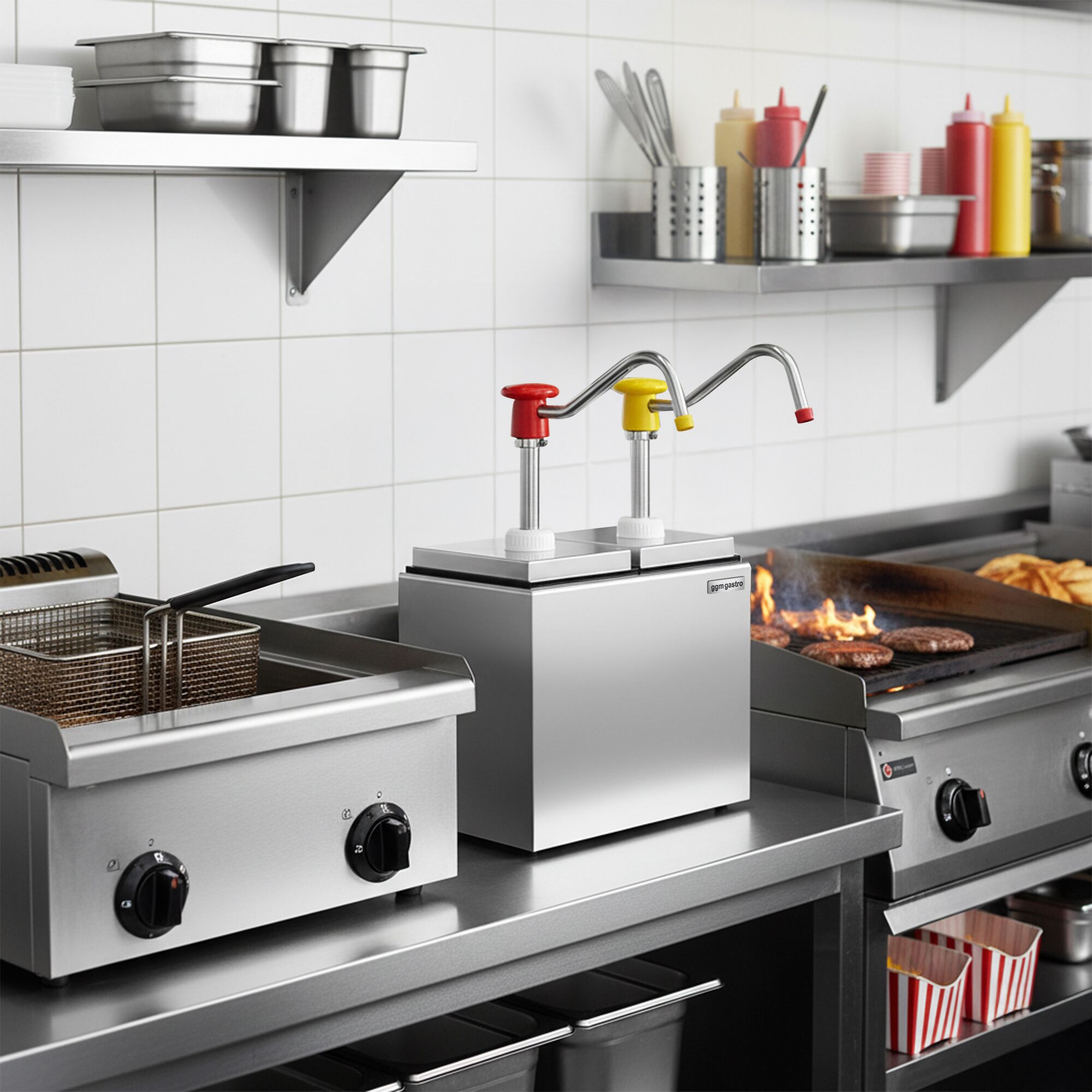 Pompe à sauce - 2x 2,5L - dosage réglable - bec anti-goutte - avec cuve - incl. support inox