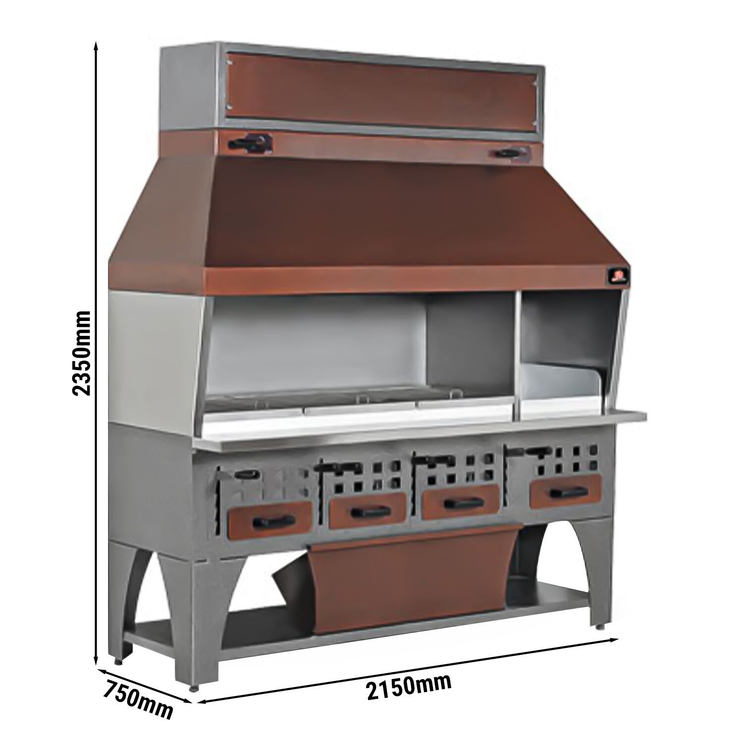 Väggmonterad kolgrill - 2150x750x2350 mm - rostfritt stål AISI 304