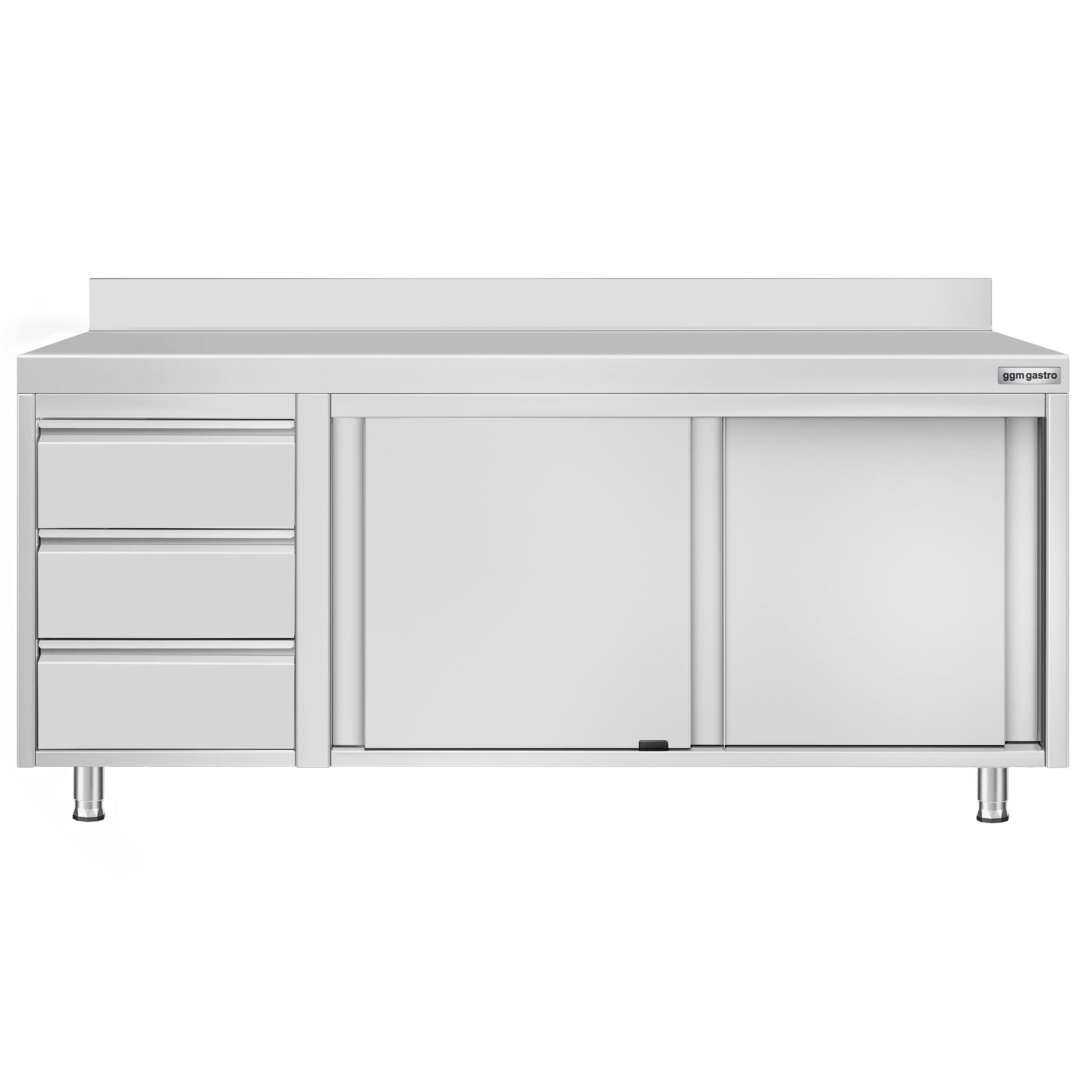 Table armoire en acier inoxydable ECO - 2000x700mm - avec 3 tiroirs à gauche et portes coulissantes - avec dosseret