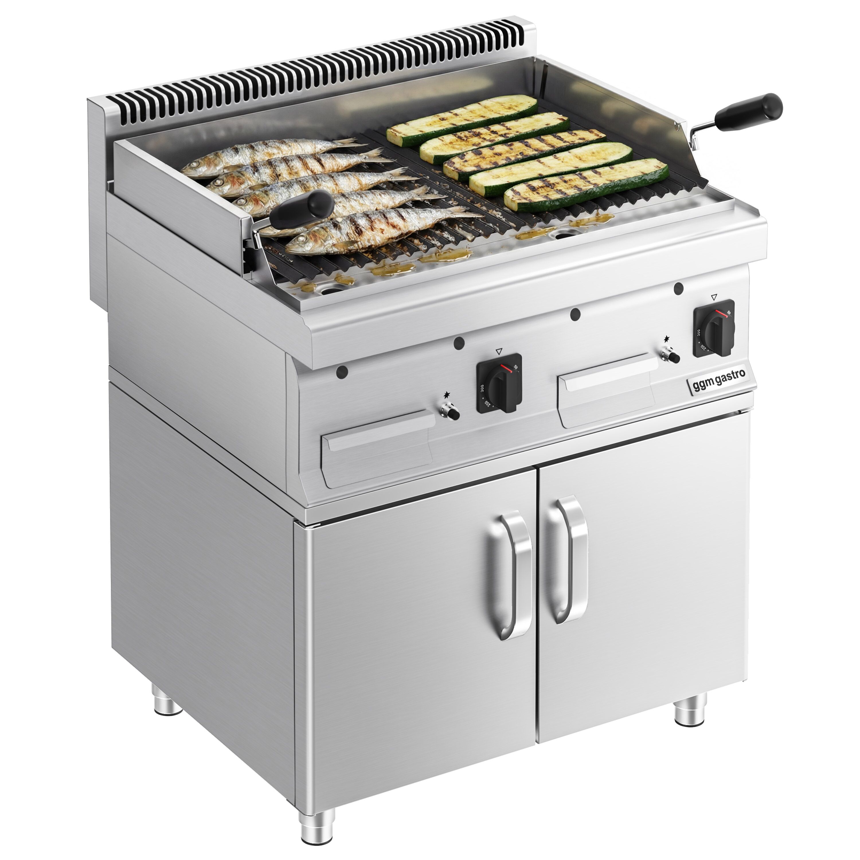 Grill à pierre de lave à gaz – 14 kW – grille inclinable – incl. soubassement avec 2 portes