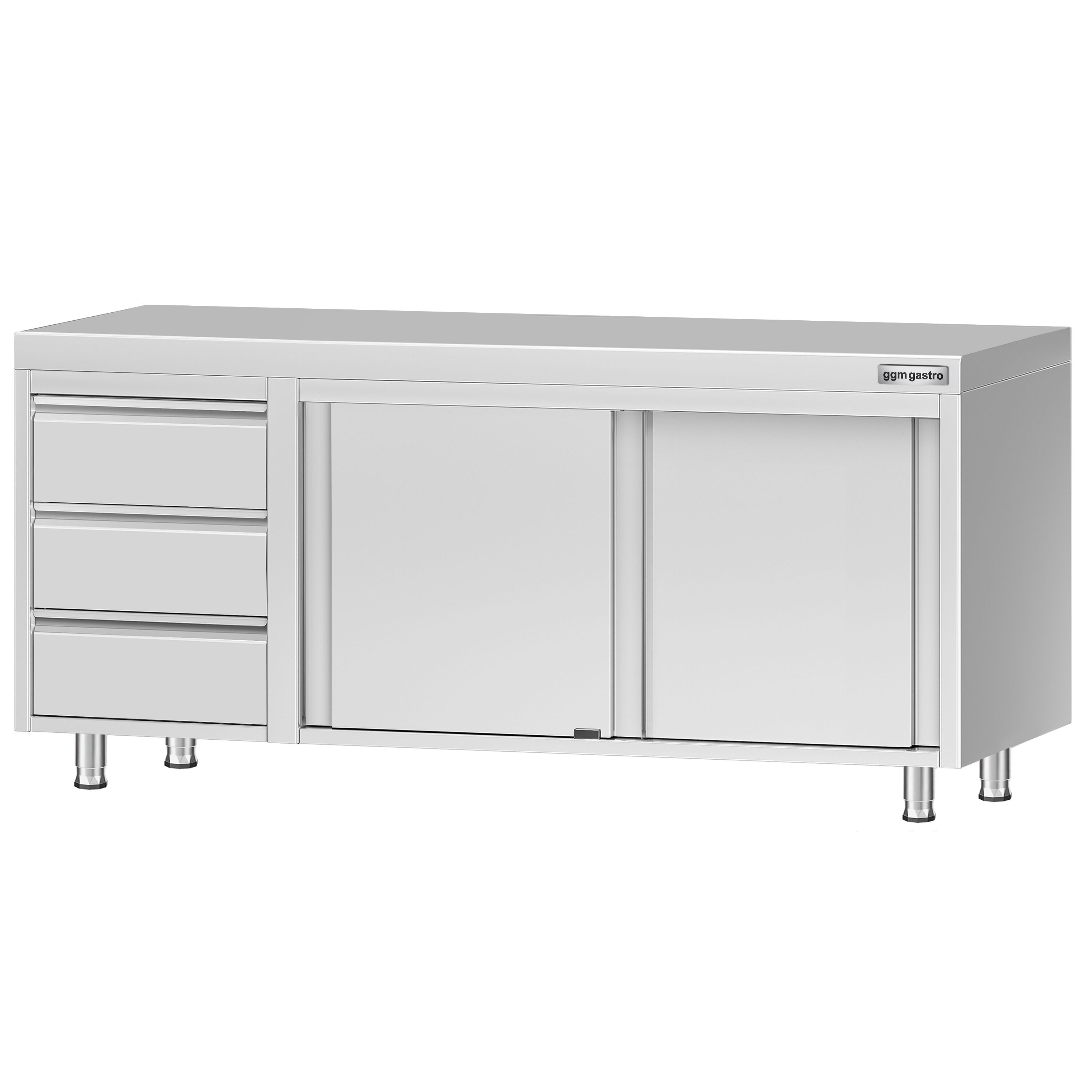 Table armoire en acier inoxydable ECO - 2000x600mm - avec 3 tiroirs à gauche et portes coulissantes