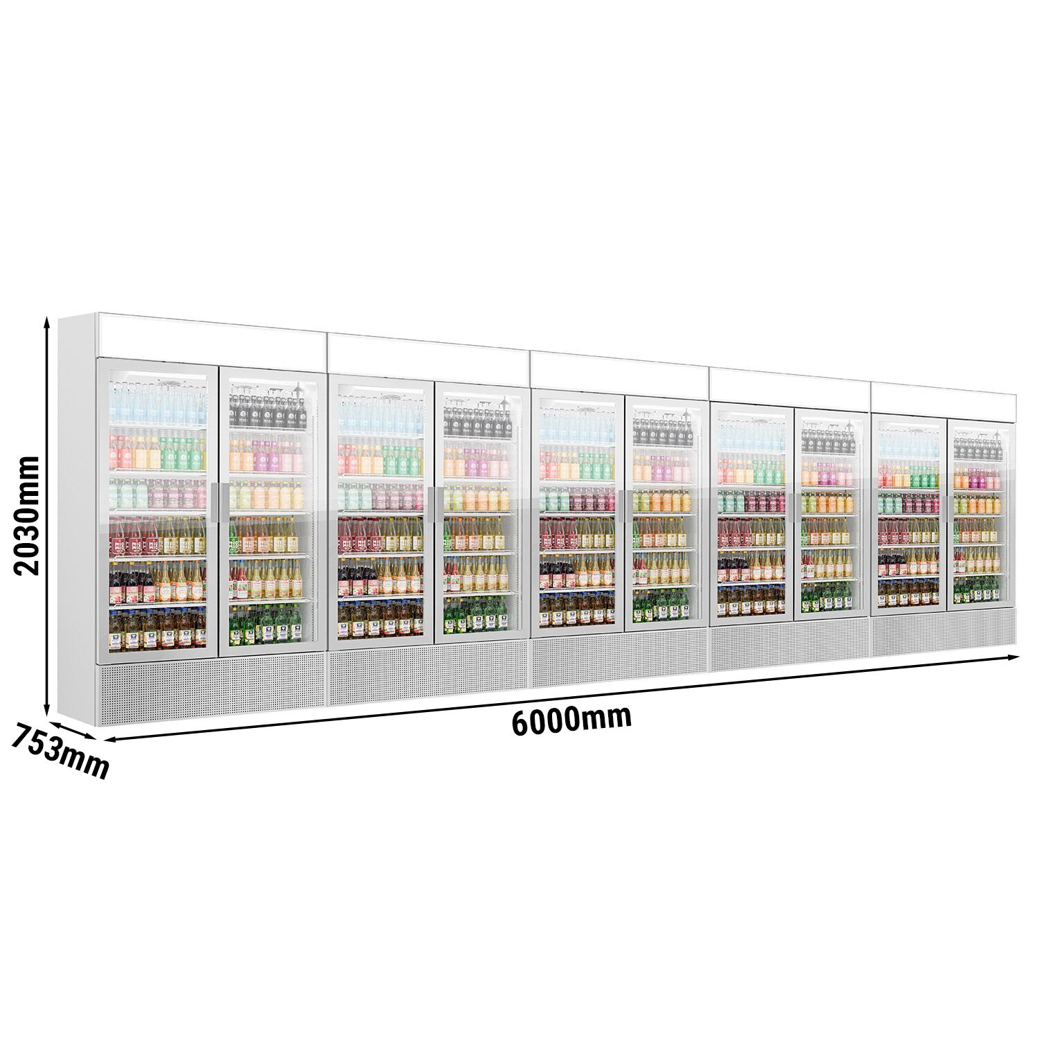(5 pièces) Vitrine réfrigérée à boissons - 6000 litres - design sans cadre - avec 10 portes vitrées et écran publicitaire