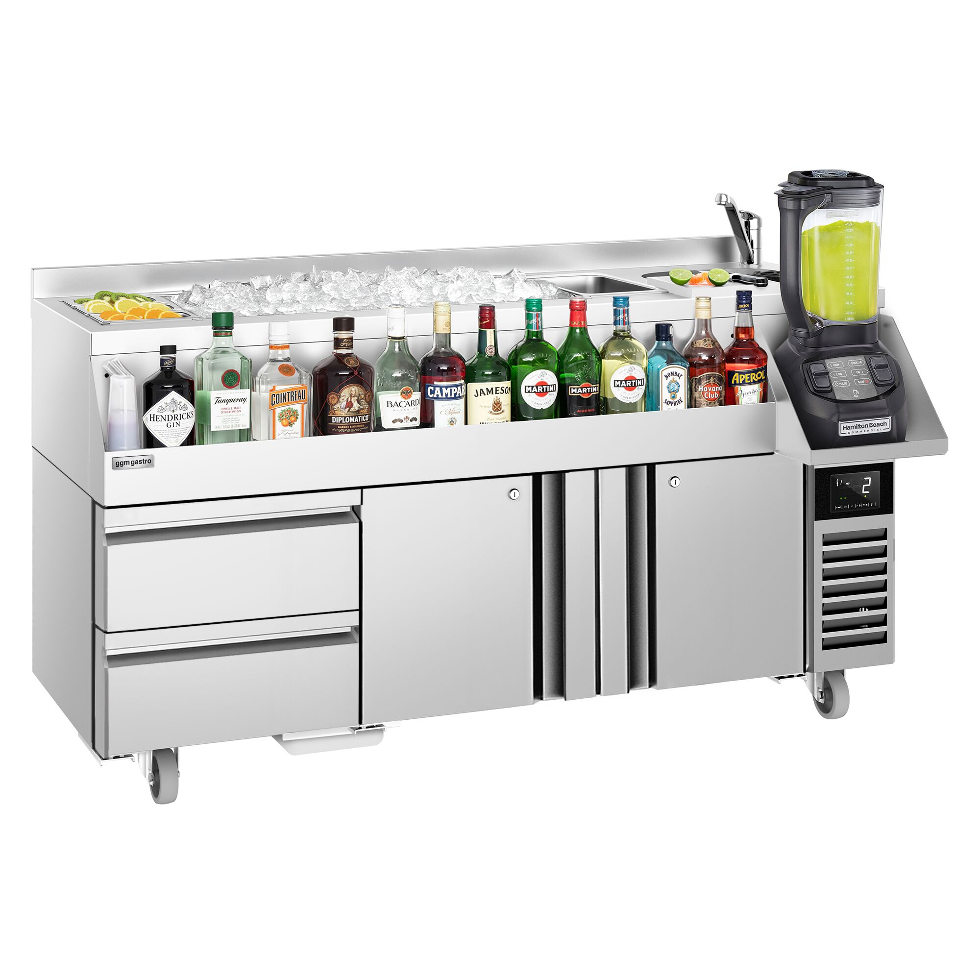 Kylmäpöytä – cocktail-asema - 1600 mm - 235 l - 2 ovea, 2 vetolaatikkoa & 230 V pistorasia