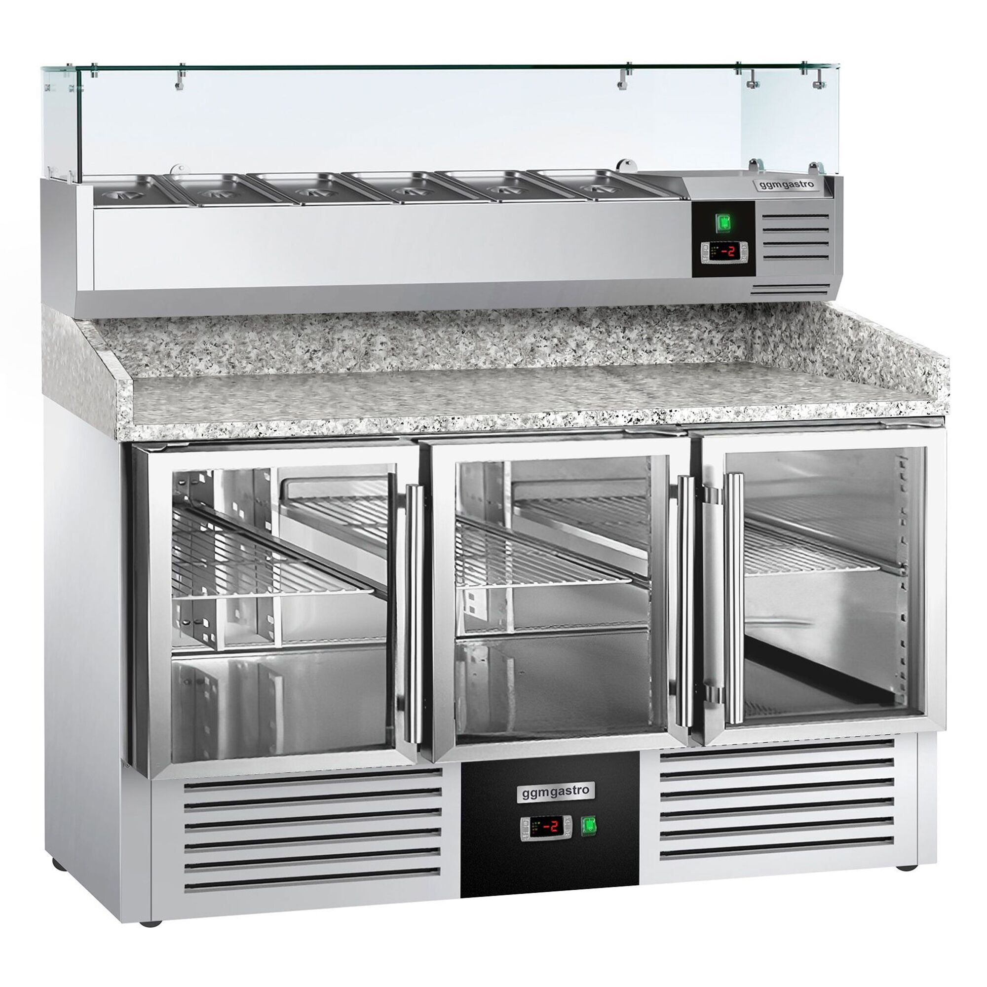 Table réfrigérée à pizza PREMIUM - 1400x700 mm - 3 portes vitrées - incl. vitrine réfrigérée - 6x GN 1/4