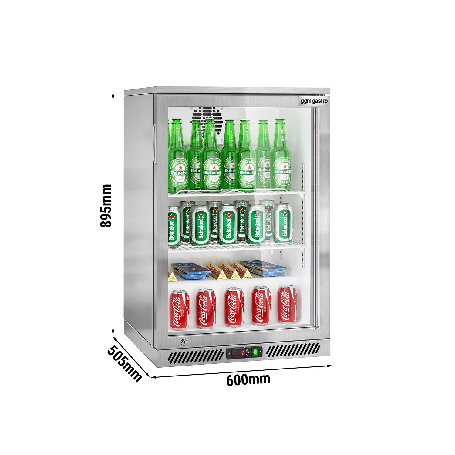 Réfrigérateur de bar – 600 mm – 130 litres – avec 1 porte vitrée battante – en inox