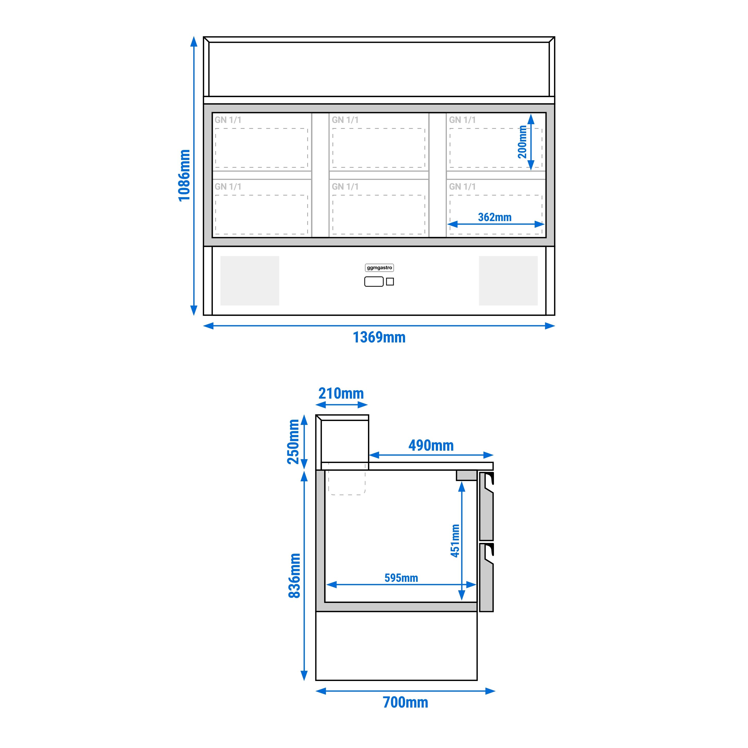 Saladette réfrigérée PREMIUM - 1368mm - 402L - 6 tiroirs - avec découpe pour 8x GN 1/6 & Couvercle inox - plan de travail en granit noir