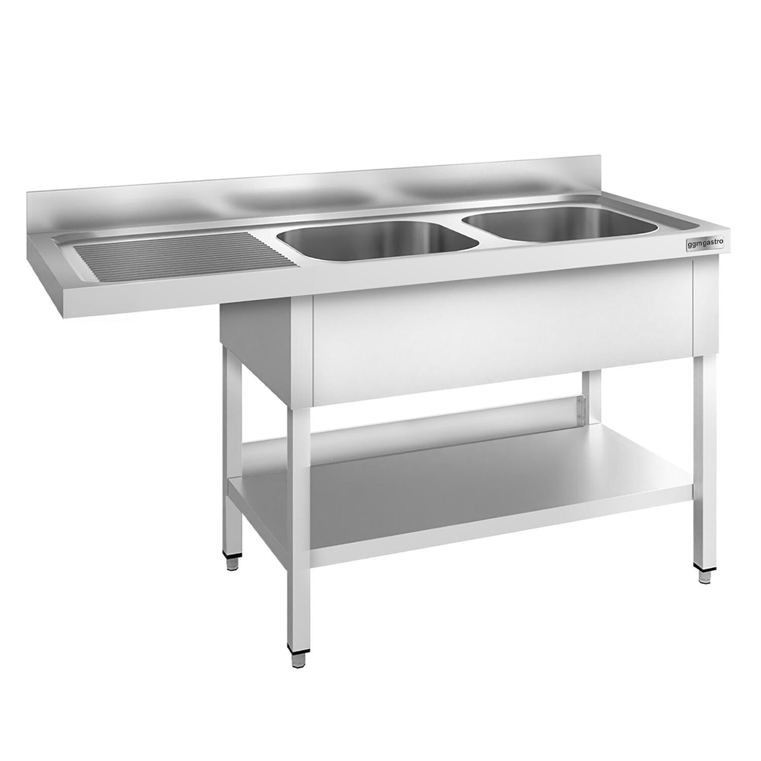 Plonge PREMIUM en acier inoxydable - 1600x600mm - 2 bacs - égouttoir à gauche - avec espace lave-vaisselle - adossée/avec dosseret