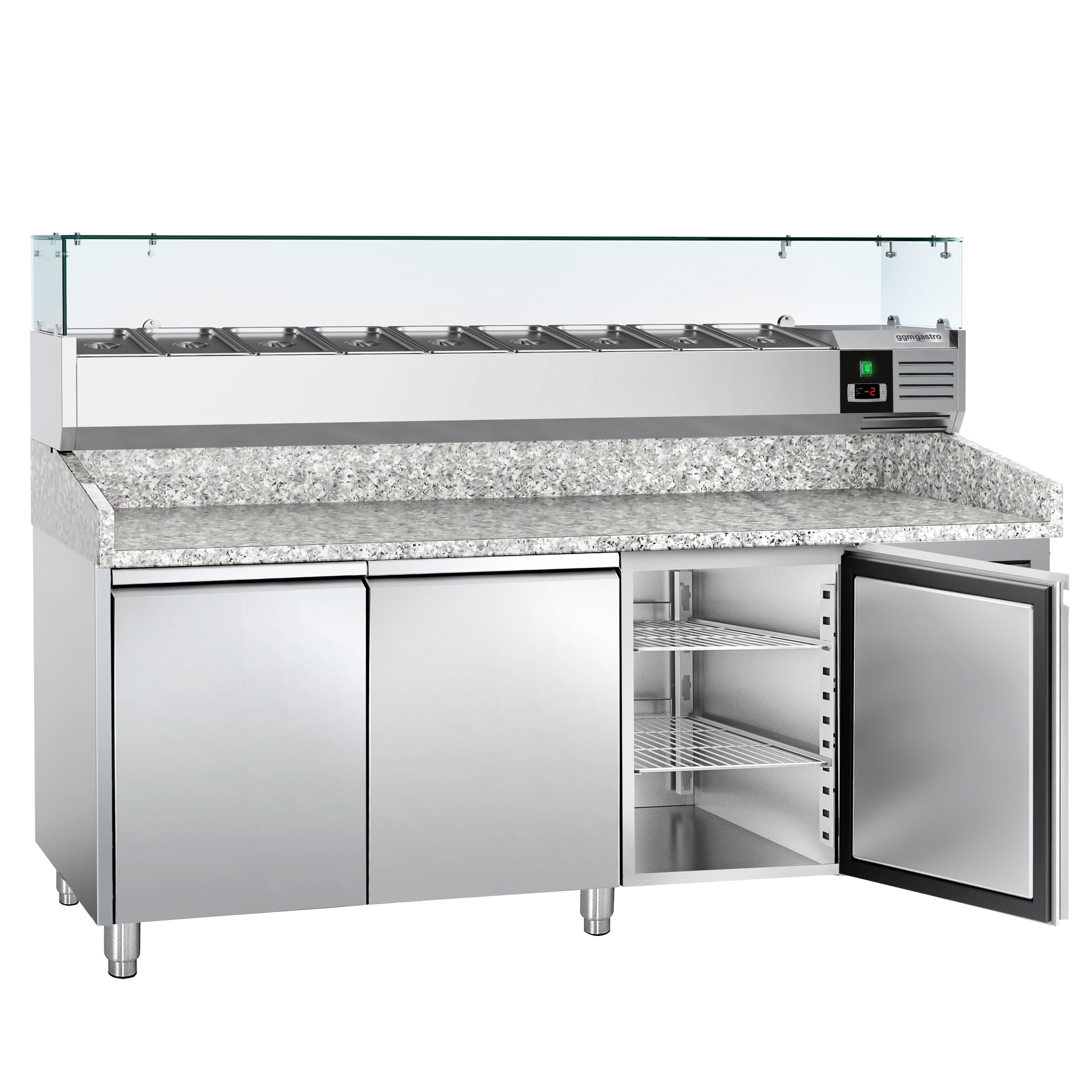 Table réfrigérée à pizza ECO - 2000 x 800 mm - avec 3 portes - incl. vitrine réfrigérée - 9 x GN 1/3