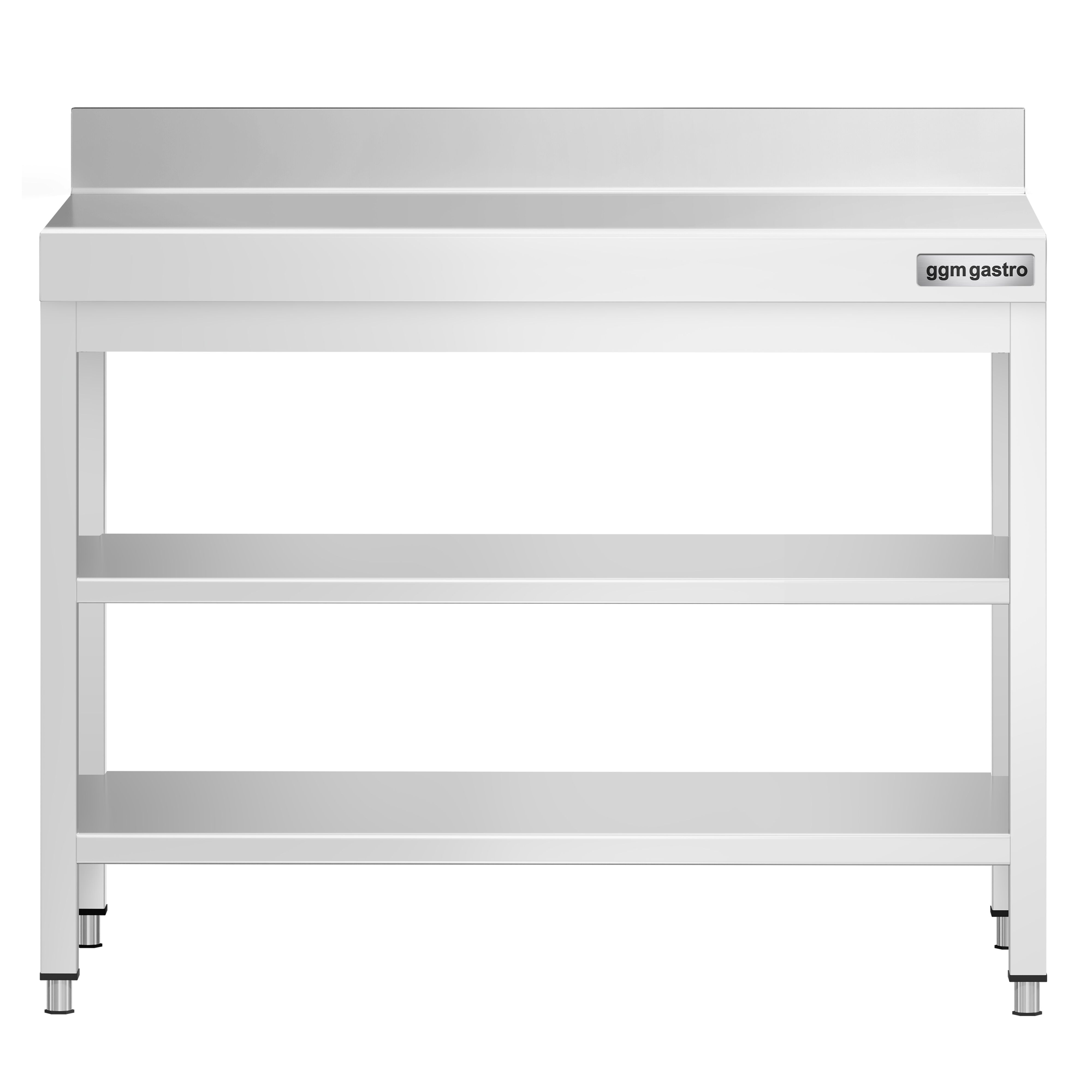 Table de travail inox PREMIUM - 800 x 600 mm - avec tablette inférieure, Dosseret & Tablette intermédiaire