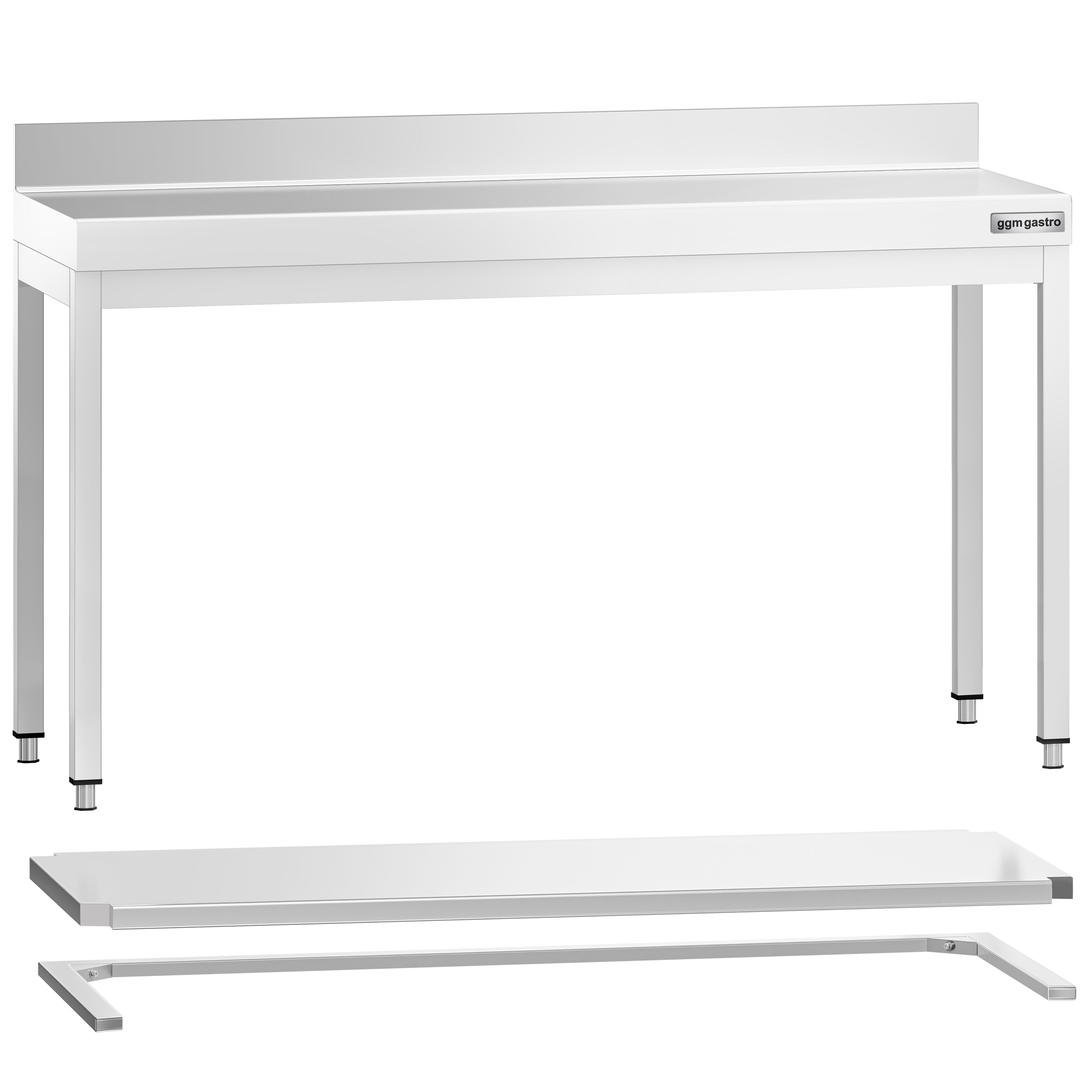 Table de travail inox PREMIUM - 1600 x 700 mm - avec tablette inférieure, Dosseret & Renforts