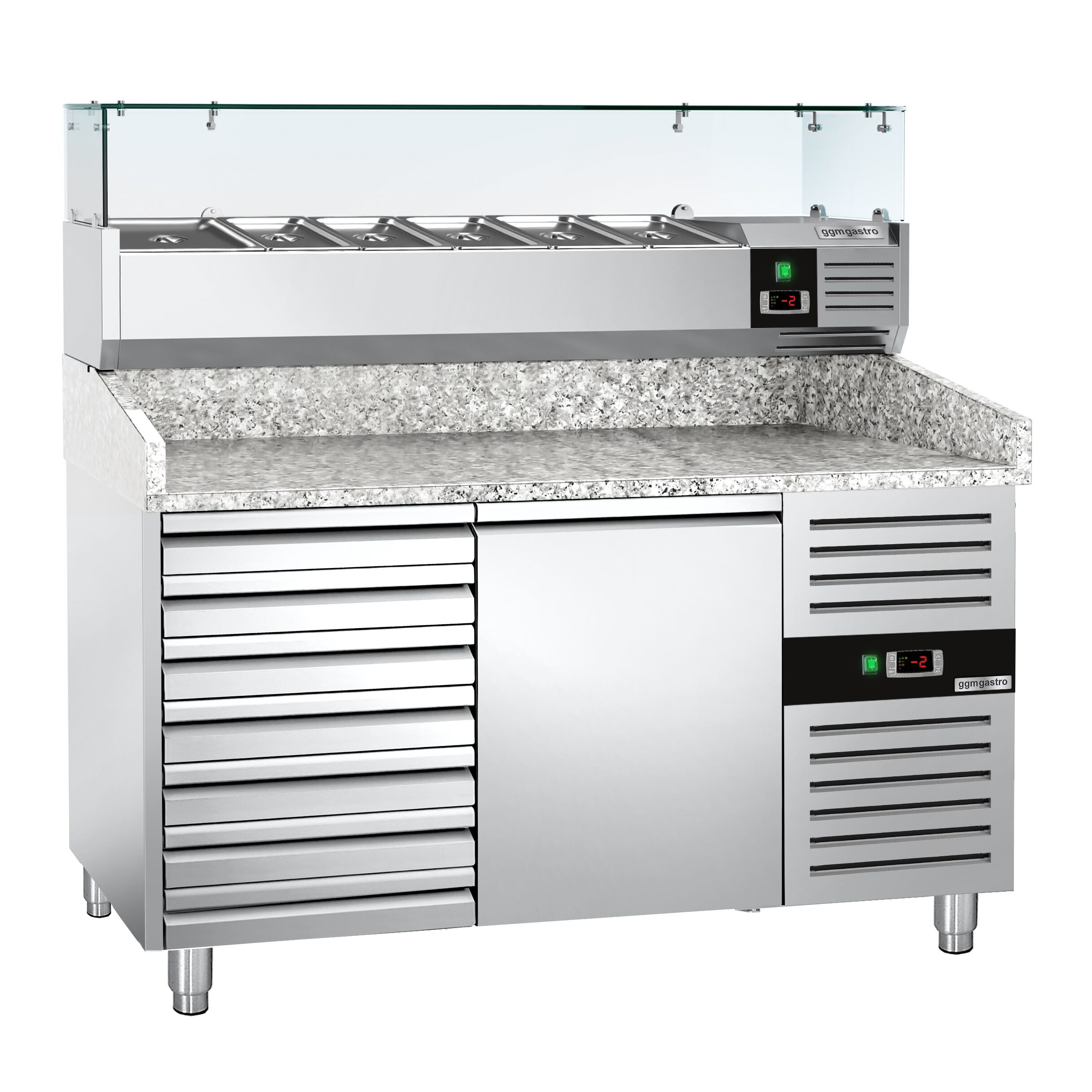 Table réfrigérée à pizza ECO - 1500 x 800 mm - avec 1 porte et 7 tiroirs - incl. vitrine réfrigérée - 6 x GN 1/3