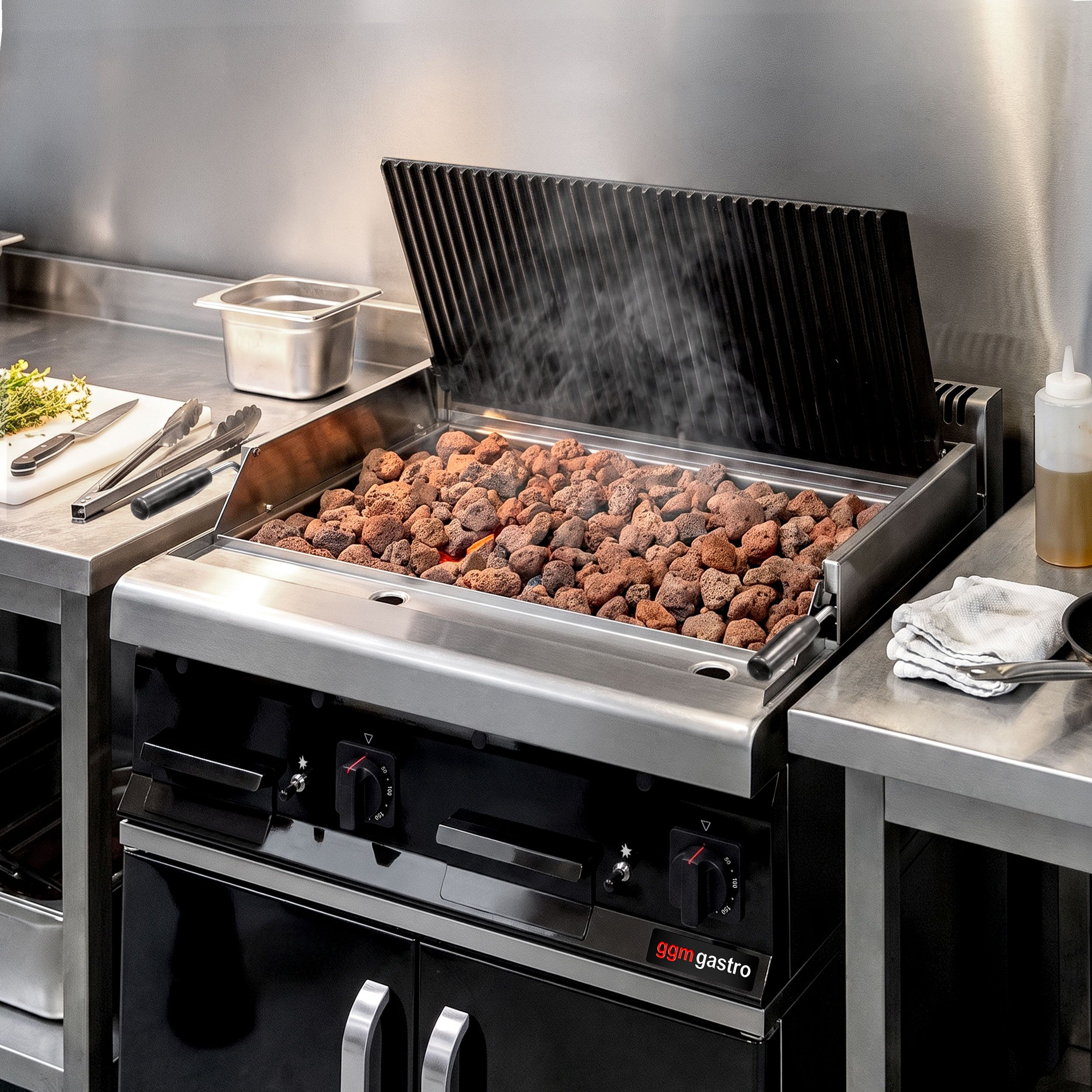 Commercial Gas Lava Rock Chargrill Mario 700 - 800mm - Countertop - Tilting Grill Grid - Black-front Fascia - 700mm Deep