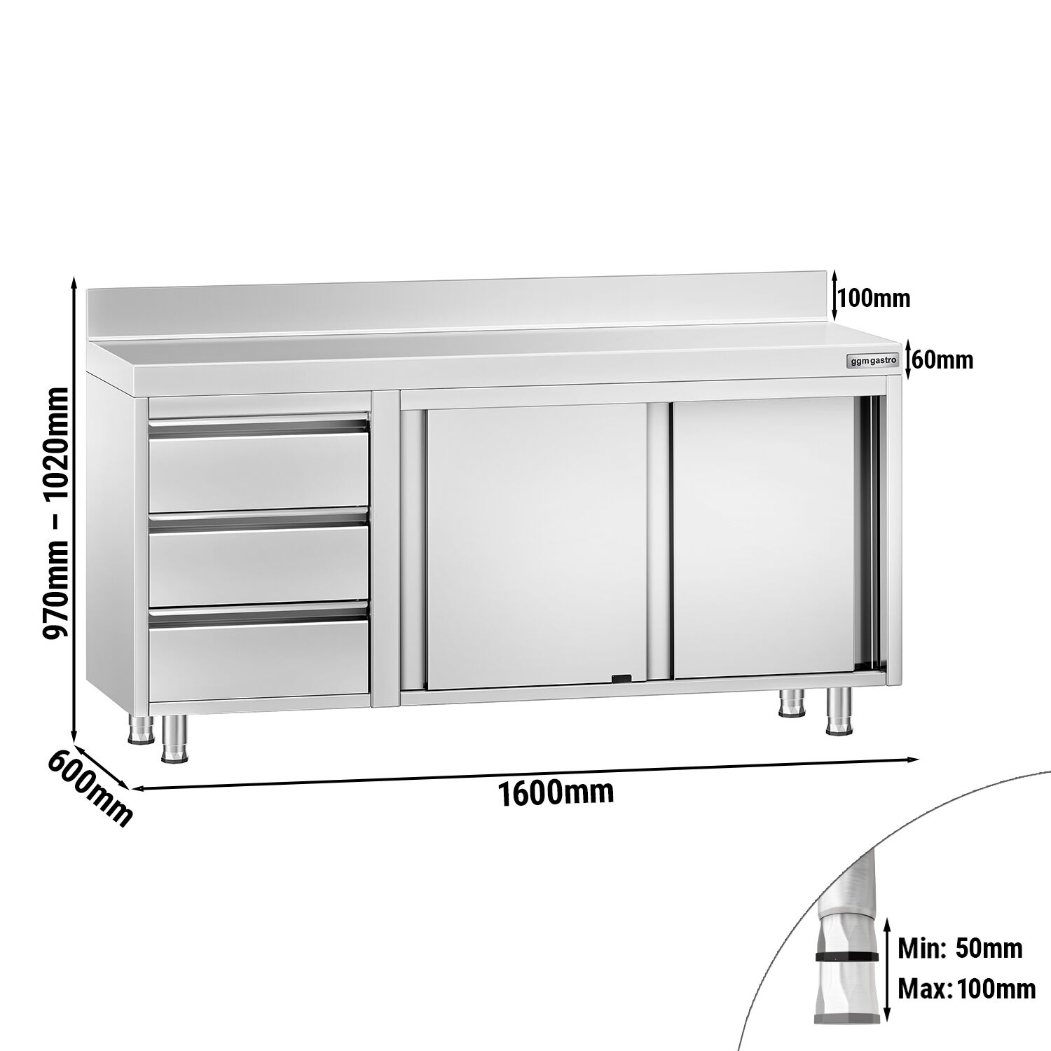Table armoire en acier inoxydable PREMIUM - 1600x600mm - avec portes coulissantes et 3 tiroirs à gauche - avec dosseret