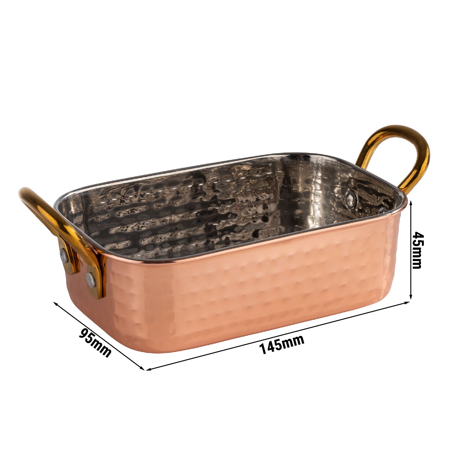(6 db) Mini tálalóserpenyő MUMBAI - rozsdamentes acél - 0,45 l - 145x95x45 mm - kalapált felület