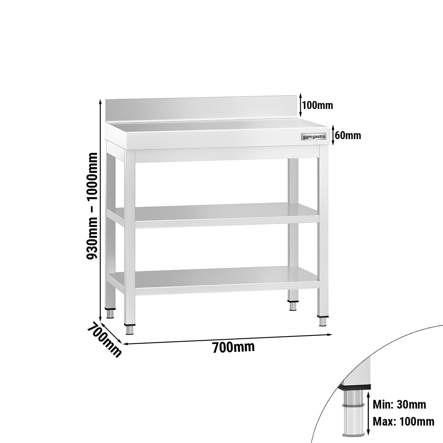 Table de travail inox PREMIUM - 700 x 700 mm - avec tablette inférieure, Dosseret & Tablette intermédiaire