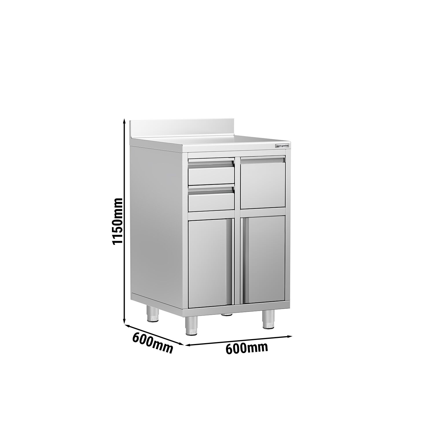 Armoire de travail pour machine à café filtre - 600x600mm - avec dosseret - 2 tiroirs, 1 porte battante, 1 tiroir à marc de café