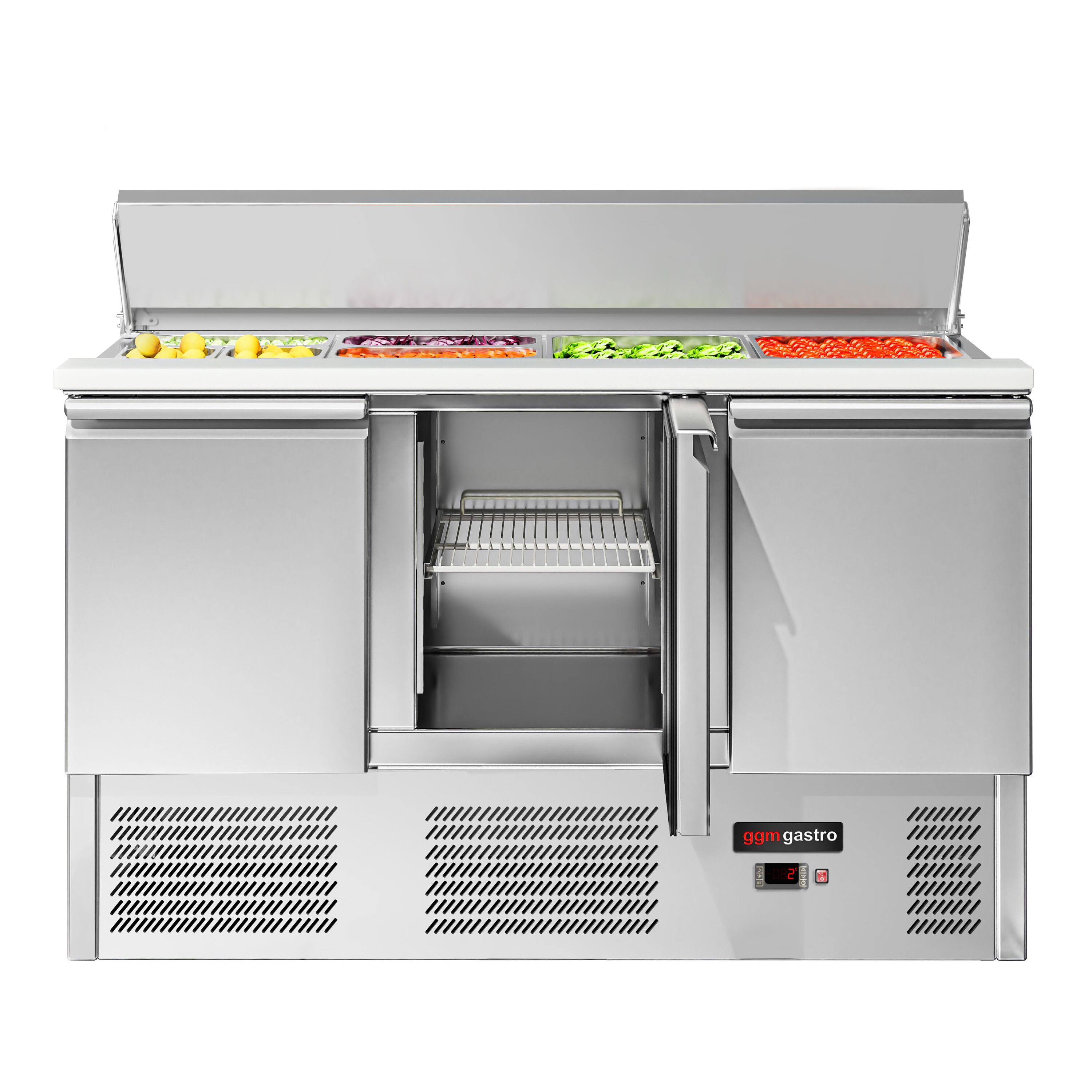 Saladette réfrigérée ECO - 1368mm - 368L - façade noire - 3 portes - avec découpe pour 4x GN 1/1 & Couvercle inox