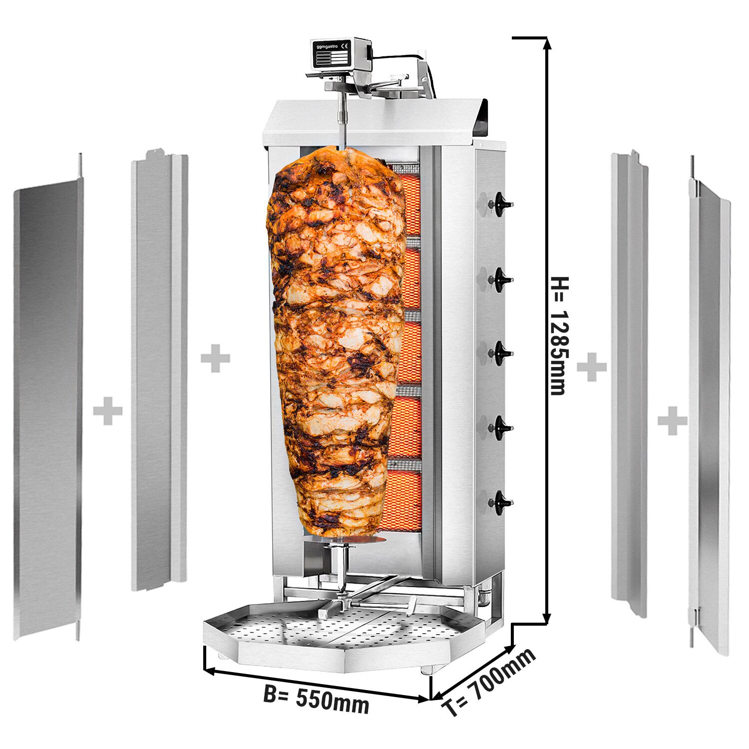 Gas Doner Kebab Grill (Shawarma/Gyros) - 5 Burner - up to 80kg - 16.25kW - Countertop - incl. 2 splash guards & 2 double doors